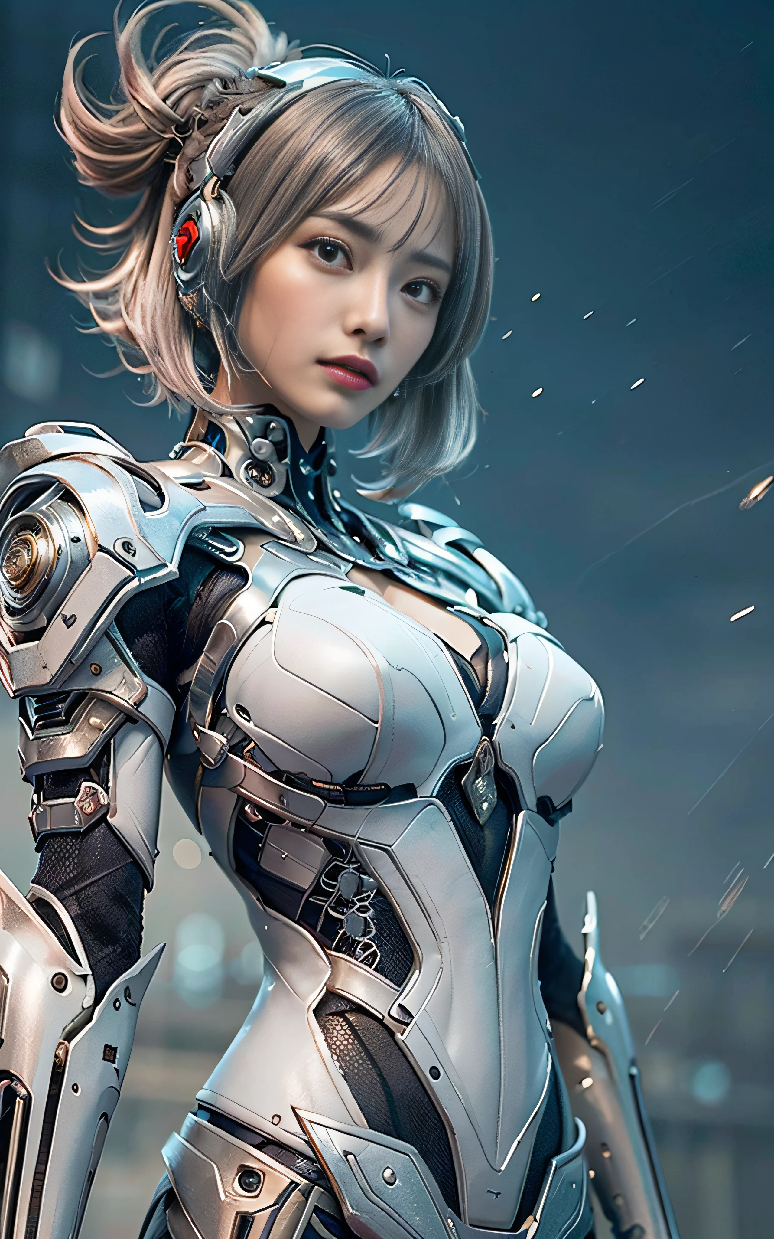 masterpiece, top-quality, hightquality, (the future:1.1), (Silver-ash colored cyberpunk suit), movie lights, (exquisite future), Beautiful and beautiful, ultra-detailliert, amazing composition, floating, depth of fields, (extremely details CG,Unity 8k壁纸), (beautiful detail background), beautiful hair details, Very short,Short hair dramatic light, gogetta, mechs,Best Quality,超A high resolution,photoRealstic,tits out,cleavage of the breast,(Hair that flutters in the wind),((Angle from below)),(Angry look),(Fashion poses),((thunder)),(Very strong wind),(Hair fluttering in strong wind),Wet,