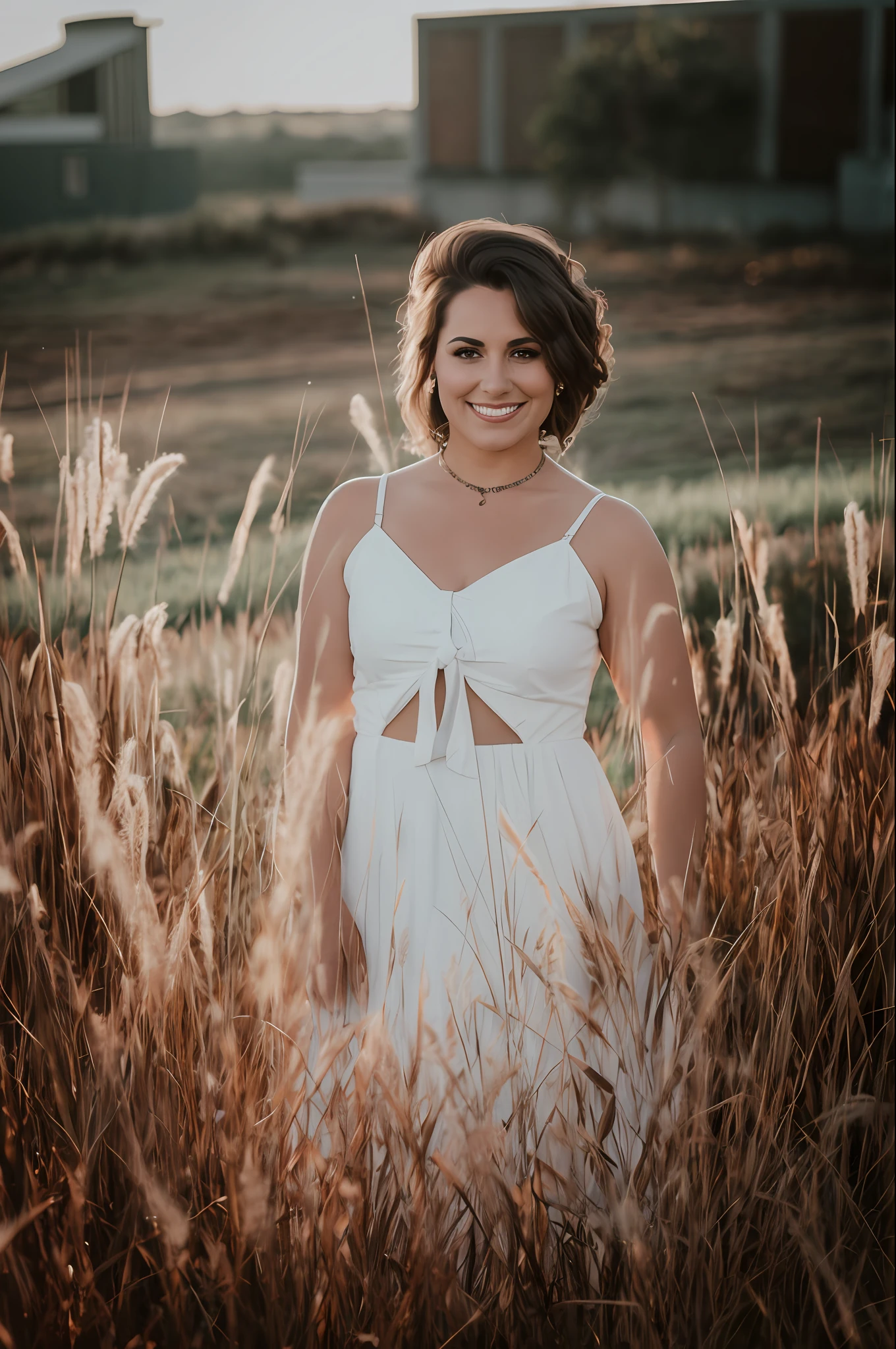 Arafed woman in a white dress standing on a field of tall grass, Standing on the grass at sunset, standing in grassy field, standing in a grassy field, Retrato de Maci Holloway, Standing on tall grass, em um campo gramado, dramatic smiling pose, imagem retrato, Directed by: Matt Cavotta, Retrato de 60mm, Tiro na Hora de Ouro