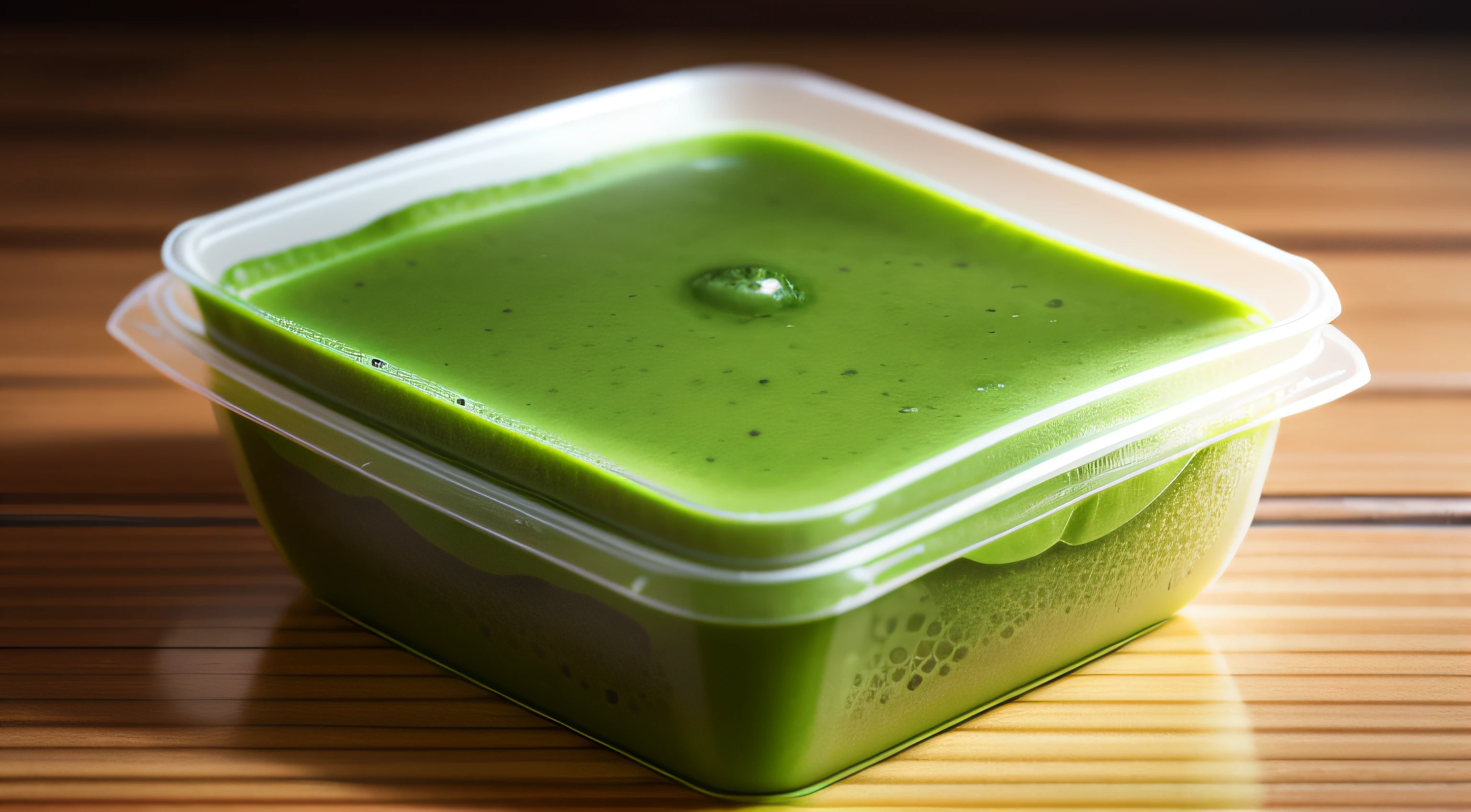 Square transparent plastic box,It is filled with green soy milk smoothies