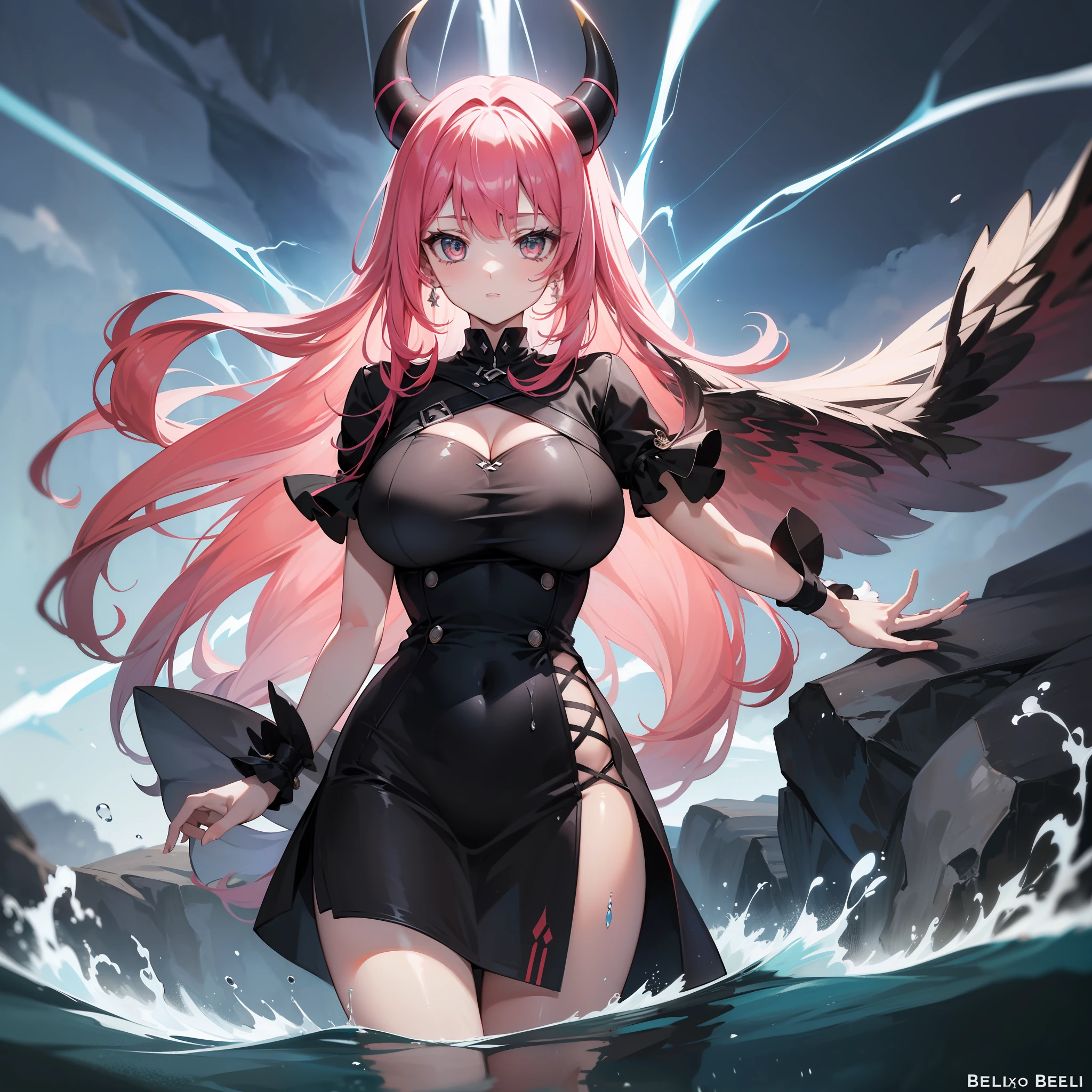 Young woman with pink hair and black horns sticking out of the water with lightning and thunder behind her in a long wet black ball dress, Ela tem um corpo volumoso e os seios, breasts and bust are huge, ela tem um rosto macio maduro lindo e perfeito, orelhas de raposa e rabo de raposa rosa(ultra-detalhado), obra-prima, melhor qualidade,(((1 ))), (belo rosto detalhado),(belos olhos detalhados),(Seios enormes), quadris largos, coxas grossas, ((matural female))