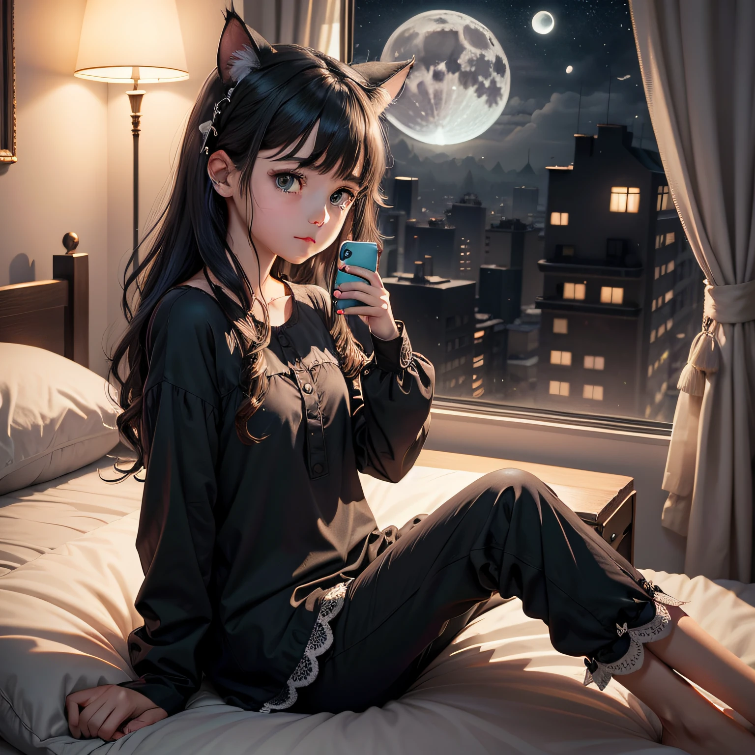 nigth，janelas，There is a moon outside the window，A young girl with cat ears indoors，Wearing black pajamas，Sit on the bed，Mobile phone in hand