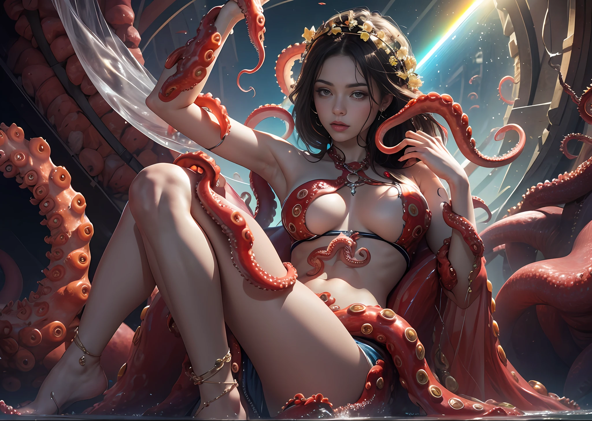 arte oficial, Unidad 8K Fondo de pantalla, Super detailed, Beautiful, Beautiful, obra maestra, La mejor calidad,
Ensamblaje, romance, 2 young girls, 18 years old, (completo 1.5,), cabello verde, tatuajes, (riding a giant octopus with octopus tentacles wrapped around the body: 1.8), tacones de aguja, ((Color refraction)), ((CinematicLight)), (over exposure), olas enormes