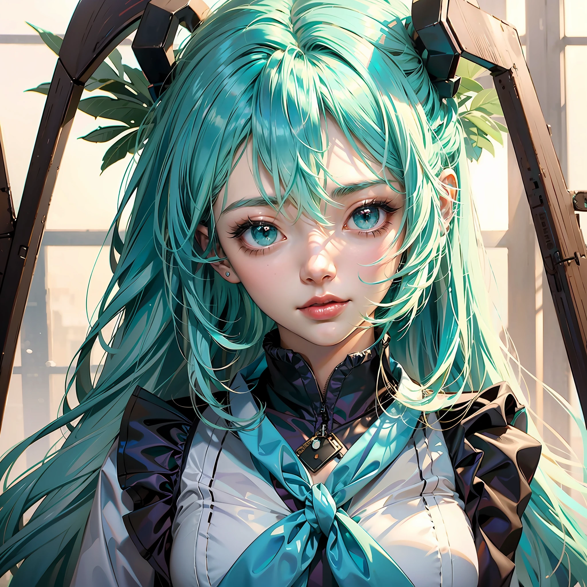 Anime girl with green hair and blue eyes wearing bow tie, Anime girl with teal hair, hatsune miku portrait, Mikudayo, Portrait of Hatsune Miku, Beautiful Anime Portrait, Stunning anime face portrait, anime style 4 k, detailed portrait of an anime girl, Portrait Anime Girl, Detailed Digital Anime Art, Anime art wallpaper 8k, portrait of cute anime girlbabes