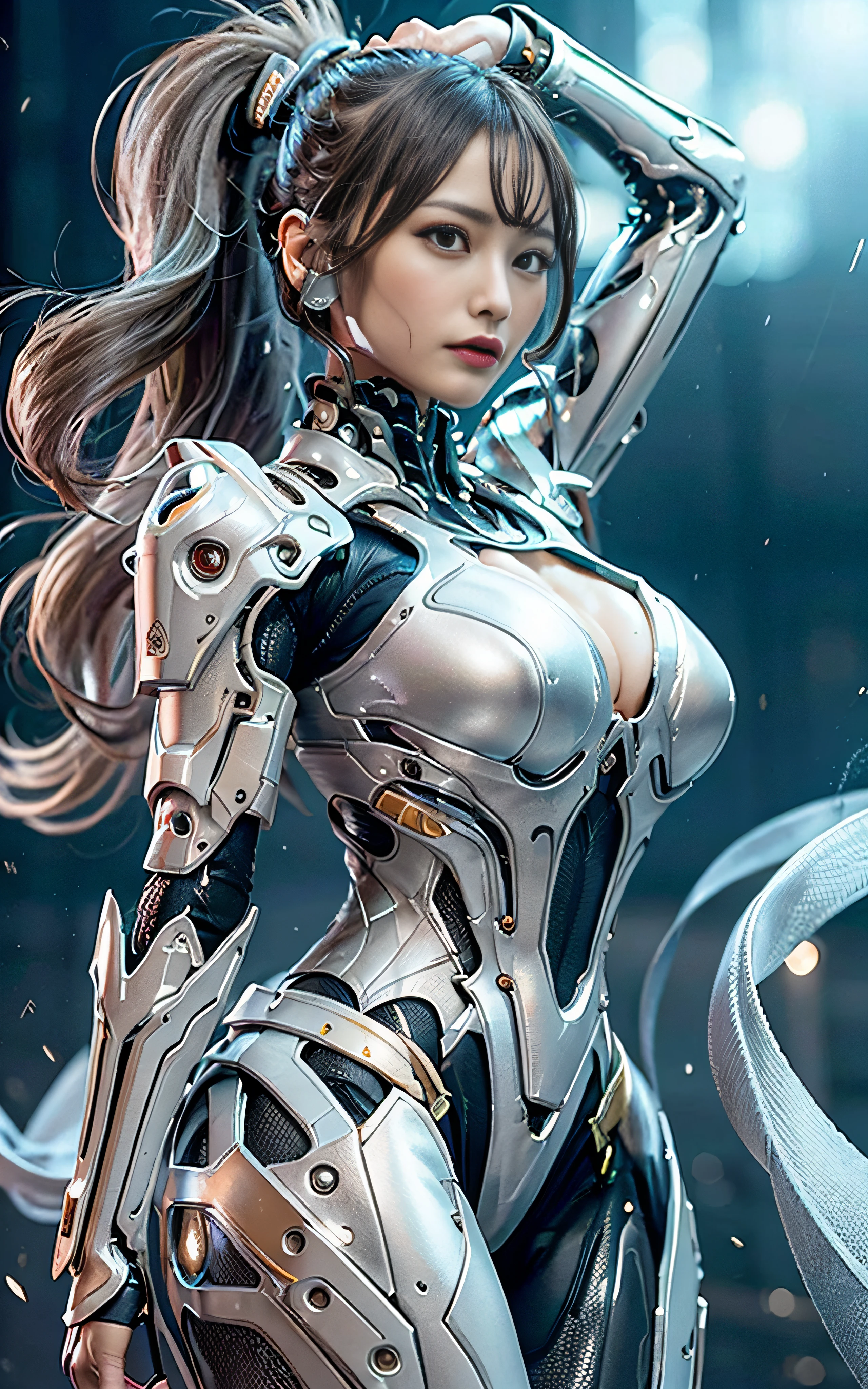 masterpiece, top-quality, hightquality, (the future:1.1), (Silver-ash colored cyberpunk suit), movie lights, (exquisite future), Beautiful and beautiful, ultra-detailliert, amazing composition, floating, depth of fields, (extremely details CG,Unity 8k壁纸), (beautiful detail background), beautiful hair details, dramatic lights, gogetta, mechs,Best Quality,超A high resolution,photoRealstic,tits out,cleavage of the breast,(Hair that flutters in the wind),((Angle from below)),(Angry look),((Fashion poses)),((thunder)),(Very strong wind),(Hair fluttering in strong wind),Wet,with arms up