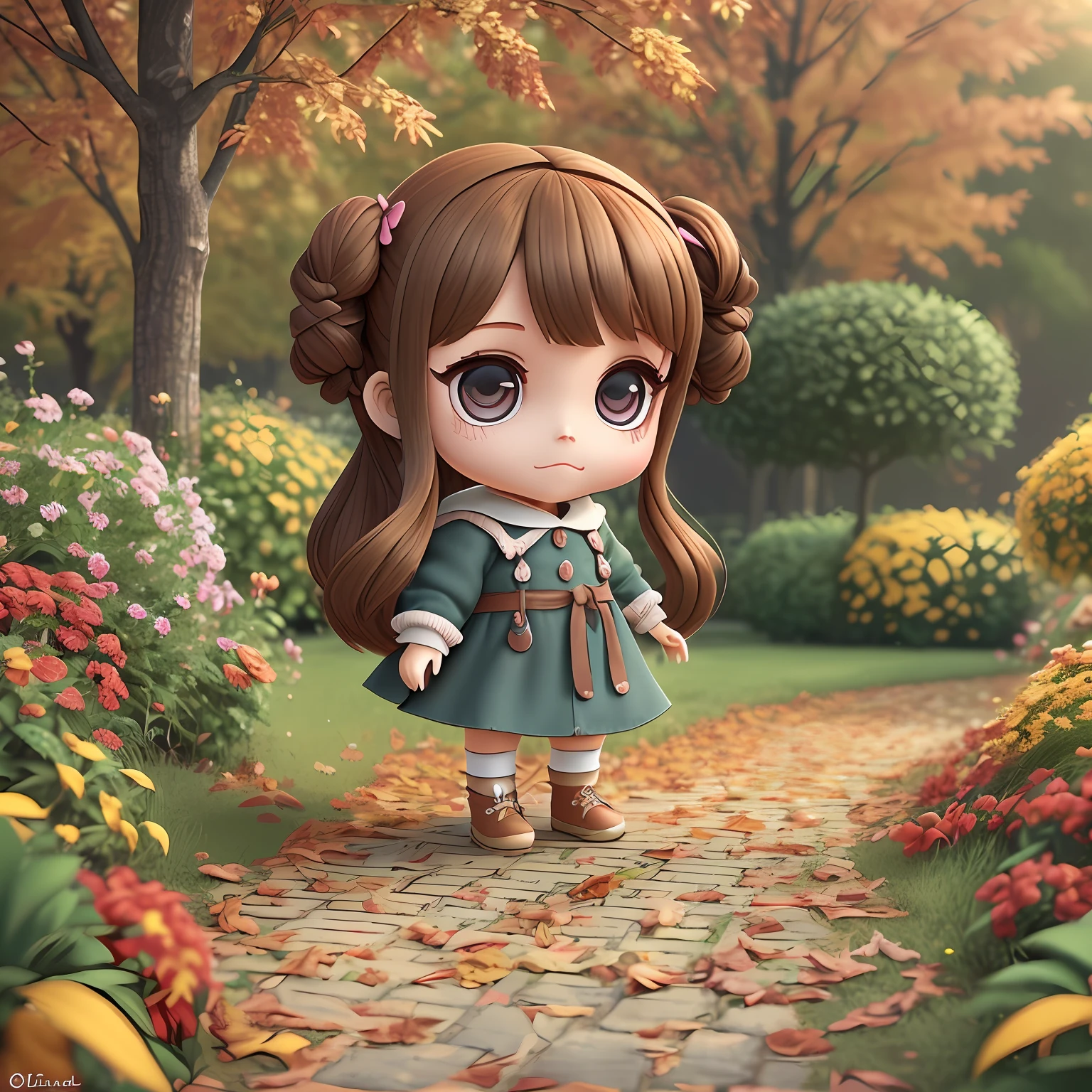 Uma personagem baby boneca girl, branca olhos castanhos,  Chibi Style 3D HD well detailed autumn afternoon scenery in a garden --V4 --auto --s2