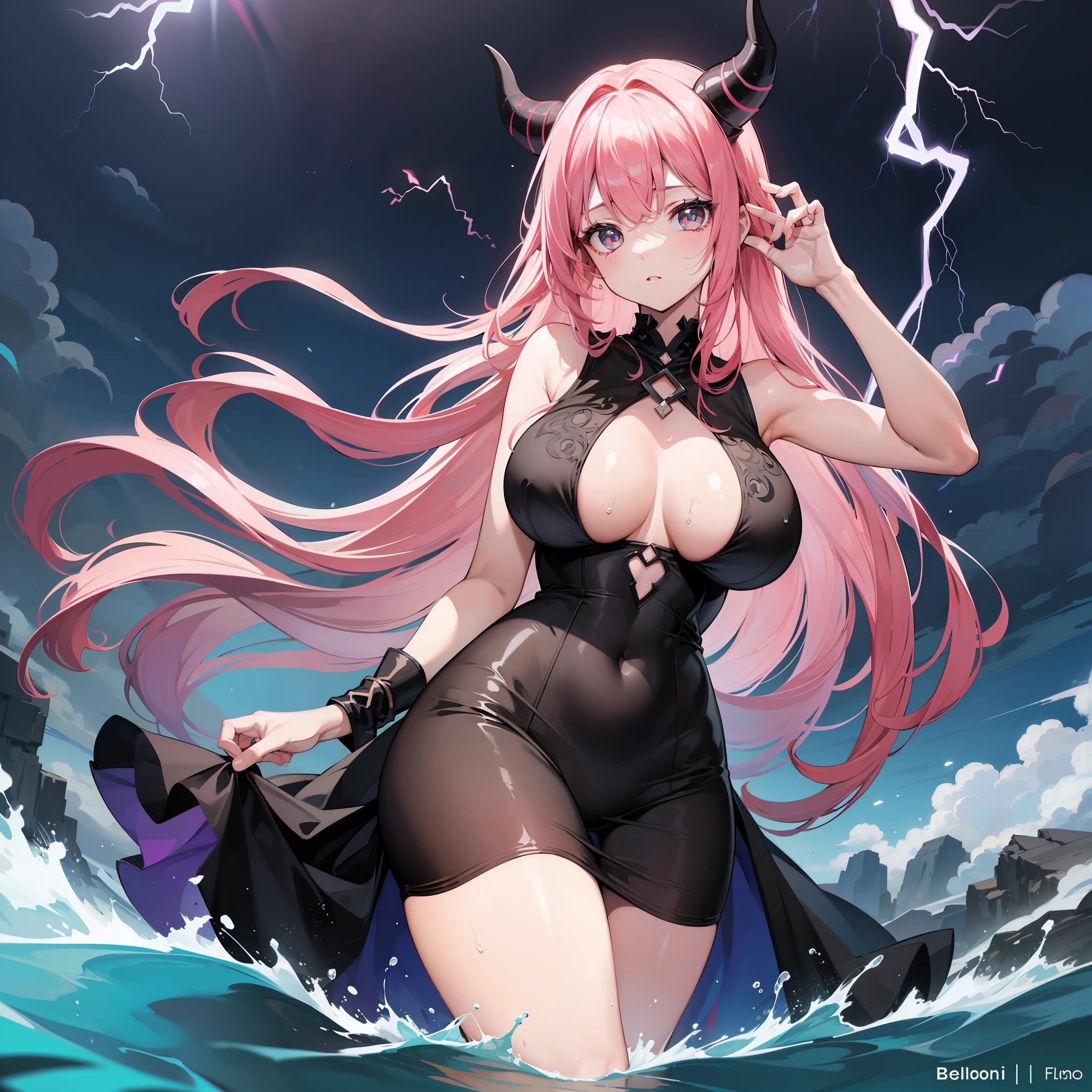 Young woman with pink hair and black horns sticking out of the water with lightning and thunder behind her in a long wet black ball dress, Ela tem um corpo volumoso e os seios, breasts and bust are huge, ela tem um rosto macio maduro lindo e perfeito, orelhas de raposa e rabo de raposa rosa(ultra-detalhado), obra-prima, melhor qualidade,(((1 menina))), (belo rosto detalhado),(belos olhos detalhados),(Seios enormes), quadris largos, coxas grossas, ((matural female))