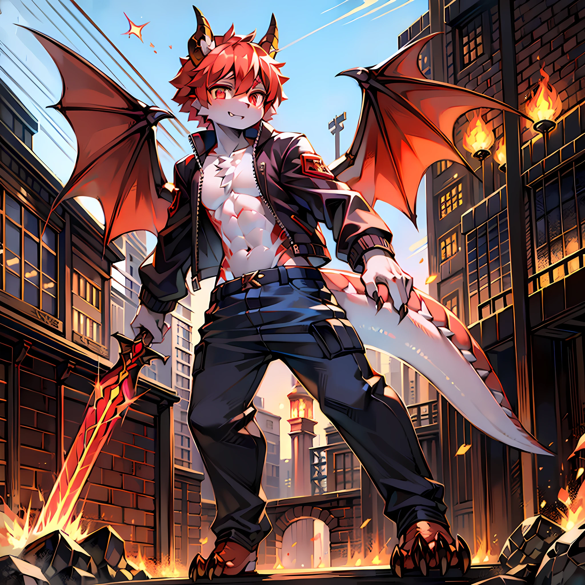 k hd,Full body like,tmasterpiece,8K,Soft lines,Burning City,Libido boy,Demon cubs,Slim size,Wings,sharp corners,火焰,Red, Scaly skin,Lava texture,Lava tattoo,Bright pupils,Vertical pupils,Devil Eyes,Claws,jaket,trouser,big sword