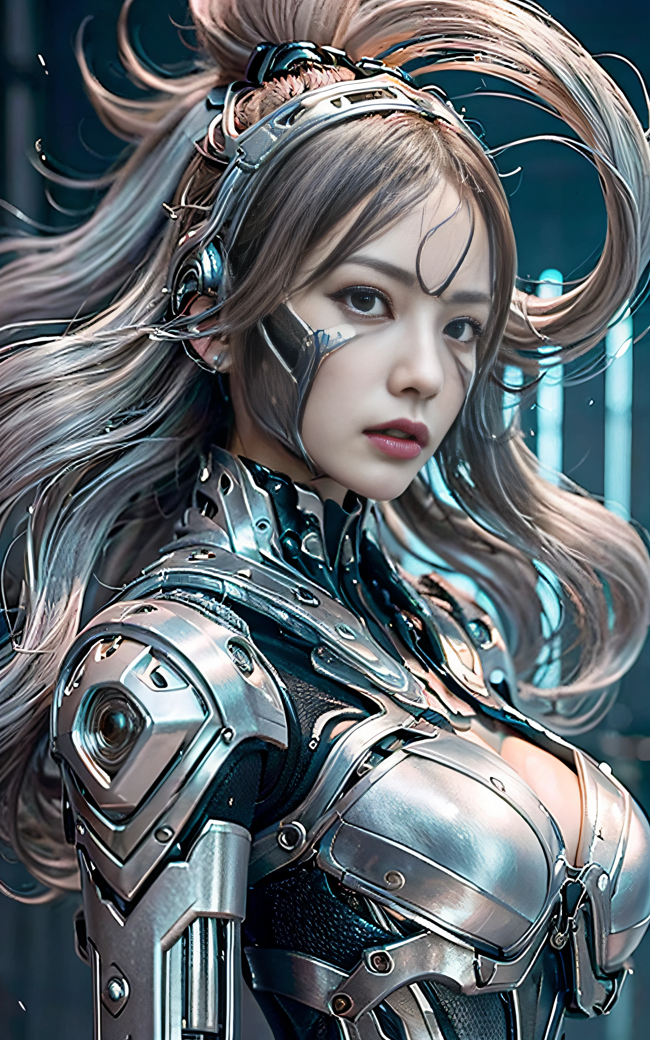​masterpiece, top-quality, hightquality, (the future:1.1), (Silver-ash colored cyberpunk suit), movie lights, (exquisite future), Beautiful and beautiful, ultra-detailliert, amazing composition, floating, depth of fields, (extremely details CG,Unity 8k壁纸), (beautiful detail background), beautiful hair details, dramatic lights, gogetta, mechs,Best Quality,超A high resolution,photoRealstic,tits out,cleavage of the breast,(Hair that flutters in the wind),((Angle from below)),(Angry look),(Fashion poses),((thunder)),(Very strong wind),(Hair fluttering in strong wind),Wet,