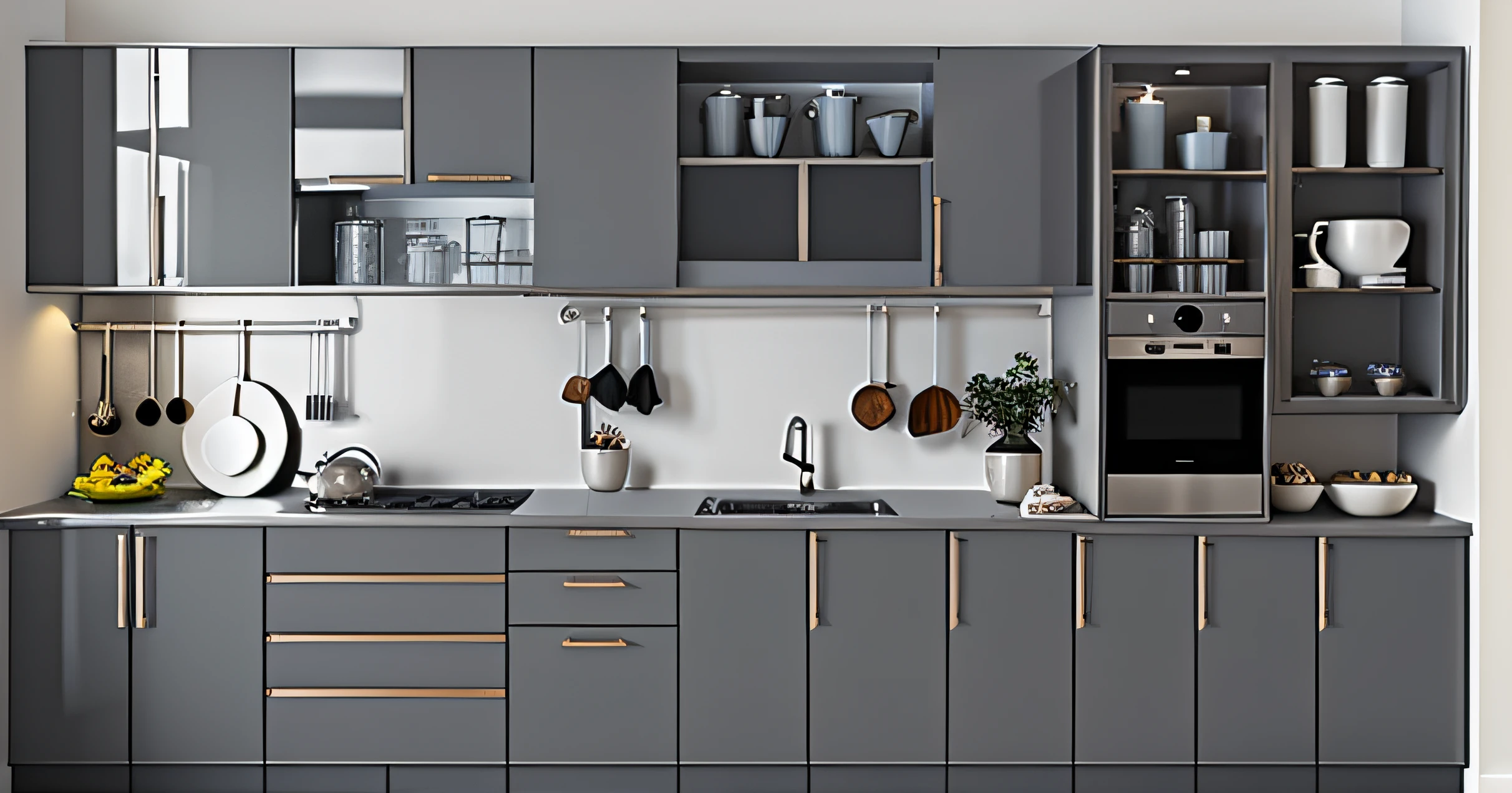 1 Kitchen cabinets, 1 dish rack, 1 microwave, 1 induction cooker, 1 sink, and 1 hood, glossy material, Gray ball wings