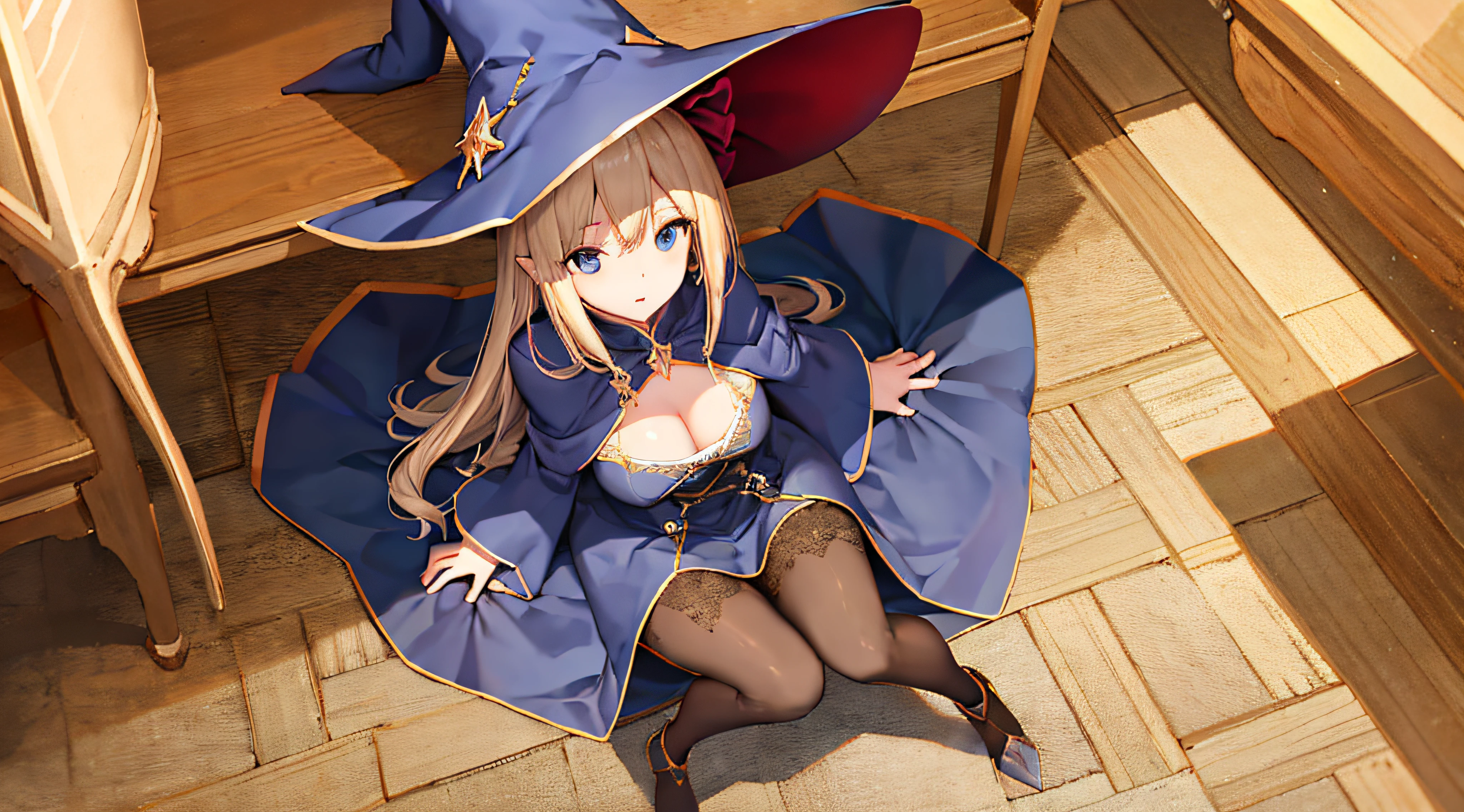 [3D:0.9]，best qualtiy，tmasterpiece，Perfect anatomy，A high resolution，ultra - detailed，8k 壁纸，illustratio，textured，the detail，distinctive，aesthetics，HDR，Extremely detailed CG，a mature female，Bigchest，Expose cleavage，long whitr hair，pointy witch hat、Witch robes、mitts、boot、Stand and look up