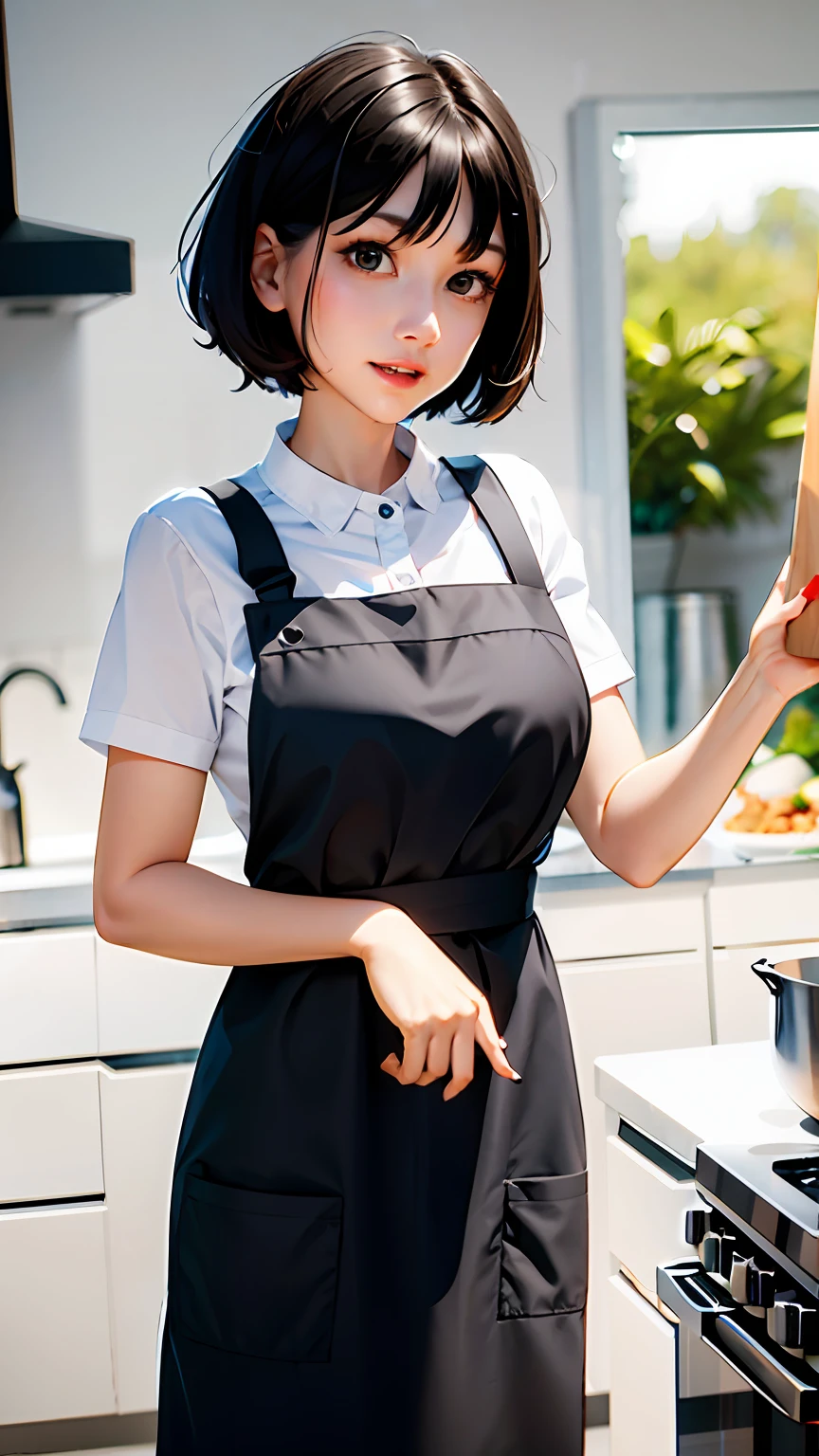 woman，with short black hair，Big eyes，Small mouth，wearing apron，Full and exposed chest，