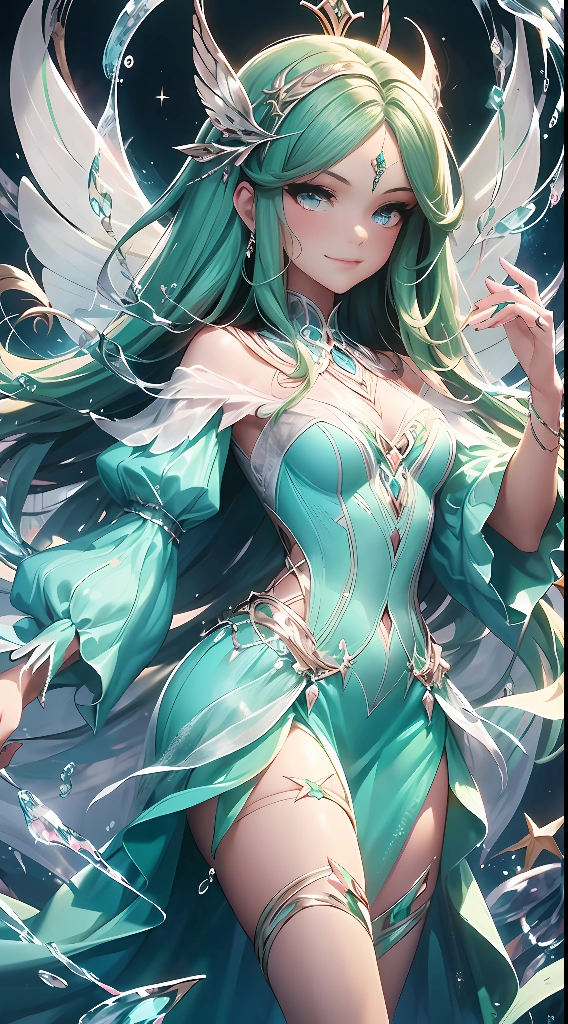 arcanjo cabelos longos verde, magia (obra-prima, qualidade superior, melhor qualidade, Arte Oficial, Beautiful and Aesthetic: 1.2), (1girl:1.3), (Arte Fractal:1.3), extremamente linda, star hair, roupa julieta, mythic, coroa de fadas, arco e flecha, fundo aquatico, olhando para o espectador, olhar de raiva, Glamour, roupa delicada, ombros nus, Penalty shootout, detalhes verde amarelo e branco, Detalhes do vestido, pernas delicadas, corpo inteiro, Magia PinkPower, ventania, mundo aquatico, estrela do mar, delicate hands, bolhas, varinha magica aquatica, aquá, pernas cobertas, estrelas na perna, magia aquatica, bolha poderosa, green power