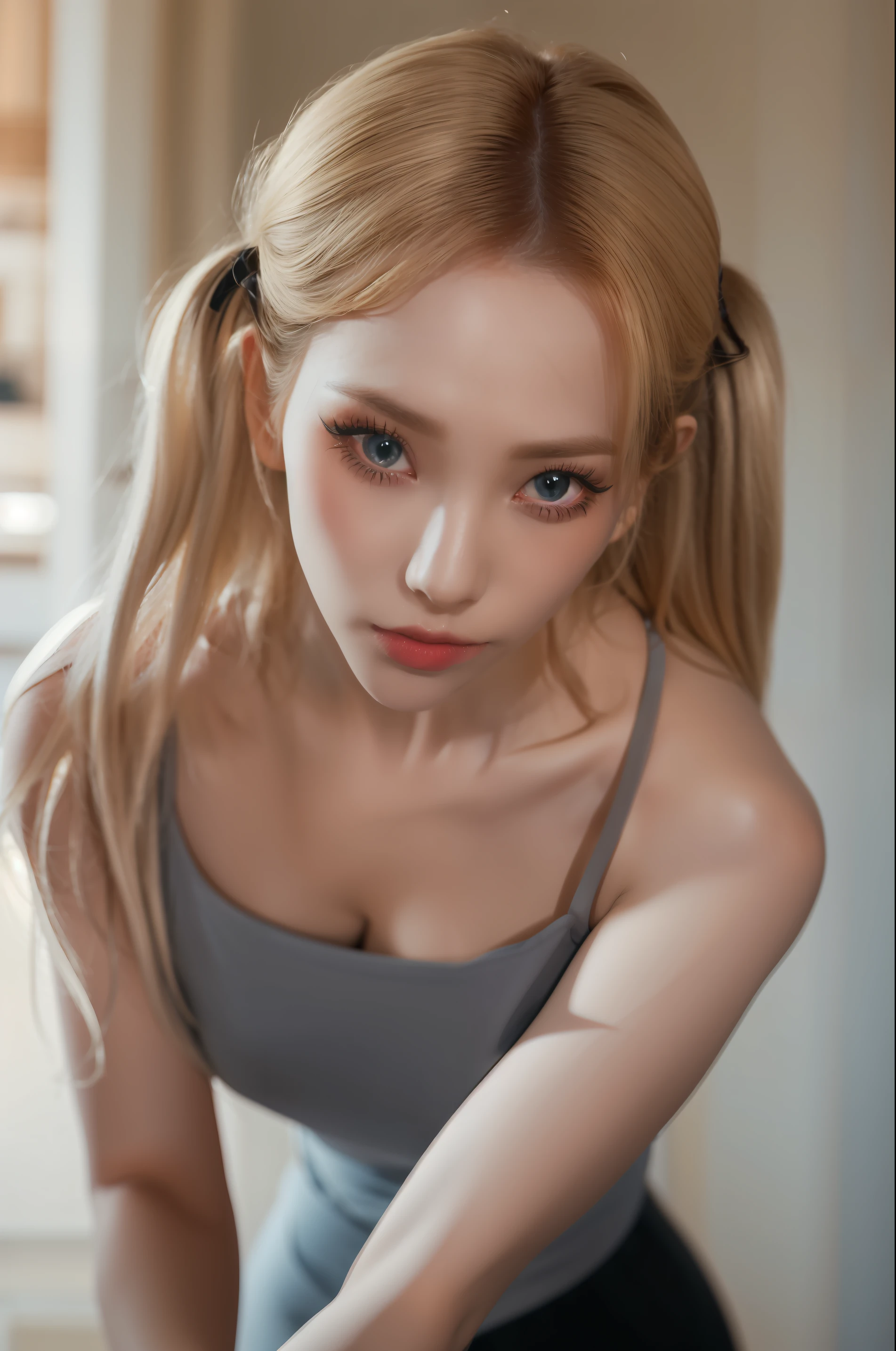 (8k, 4k, best quality, highres, ultra high res:1.1), (masterpiece, realistic, photo-realistic:1.1), 1girl, face, close-up, twintails, blonde hair, black eyes, red lips, (looking at viewer:2), absurdly long hair, long eyelashes, eyeshadow, small face, big eyes,
bare shoulders,
high contrast,