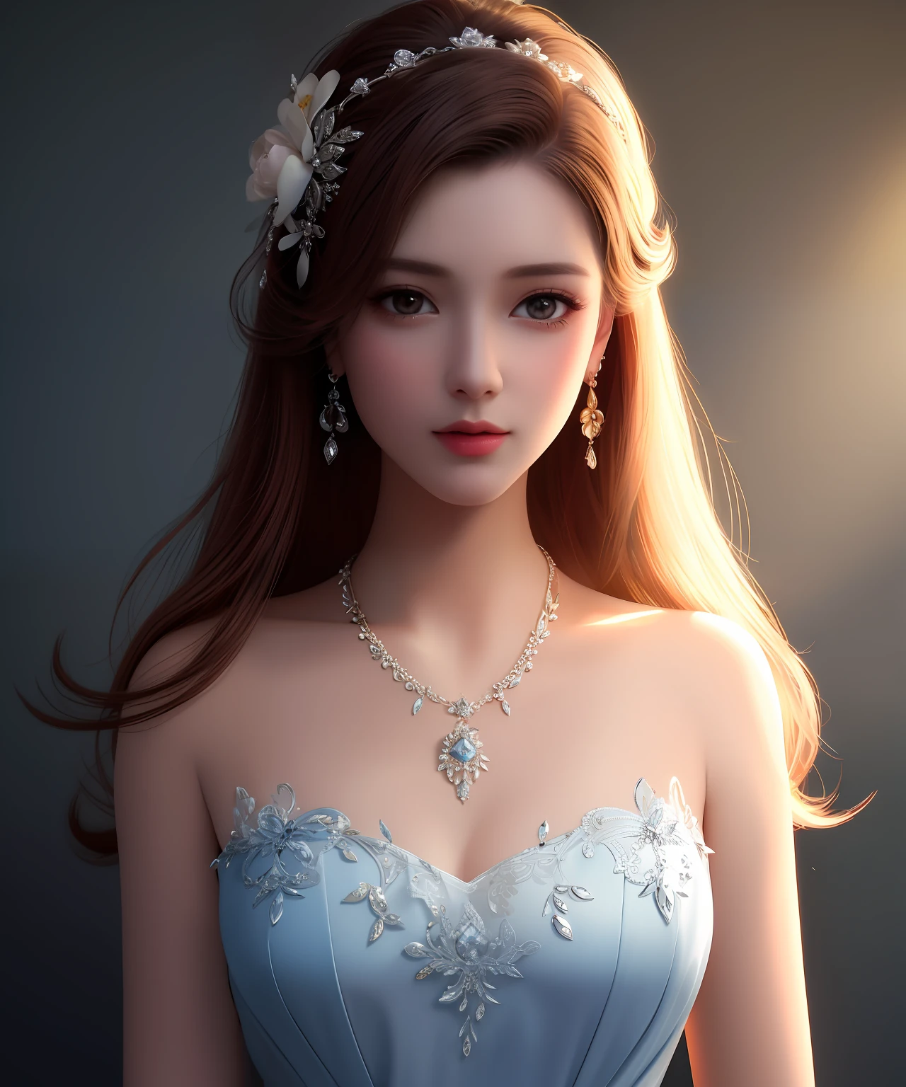 Best Quality, Masterpiece, High Resolution, 1girl, Porcelain Dress, Hair Accessories, Necklace, Jewelry, Pretty Face, On Body, Tyndall Effect, Realistic, Shadow Studio, Rim Lighting, Dual Tone Lighting, (High Detail Skins: 1.2), 8k UHD, dslr, soft light, high quality, volume light, sneak shot, photo, high resolution, 4k, 8k, background blur,