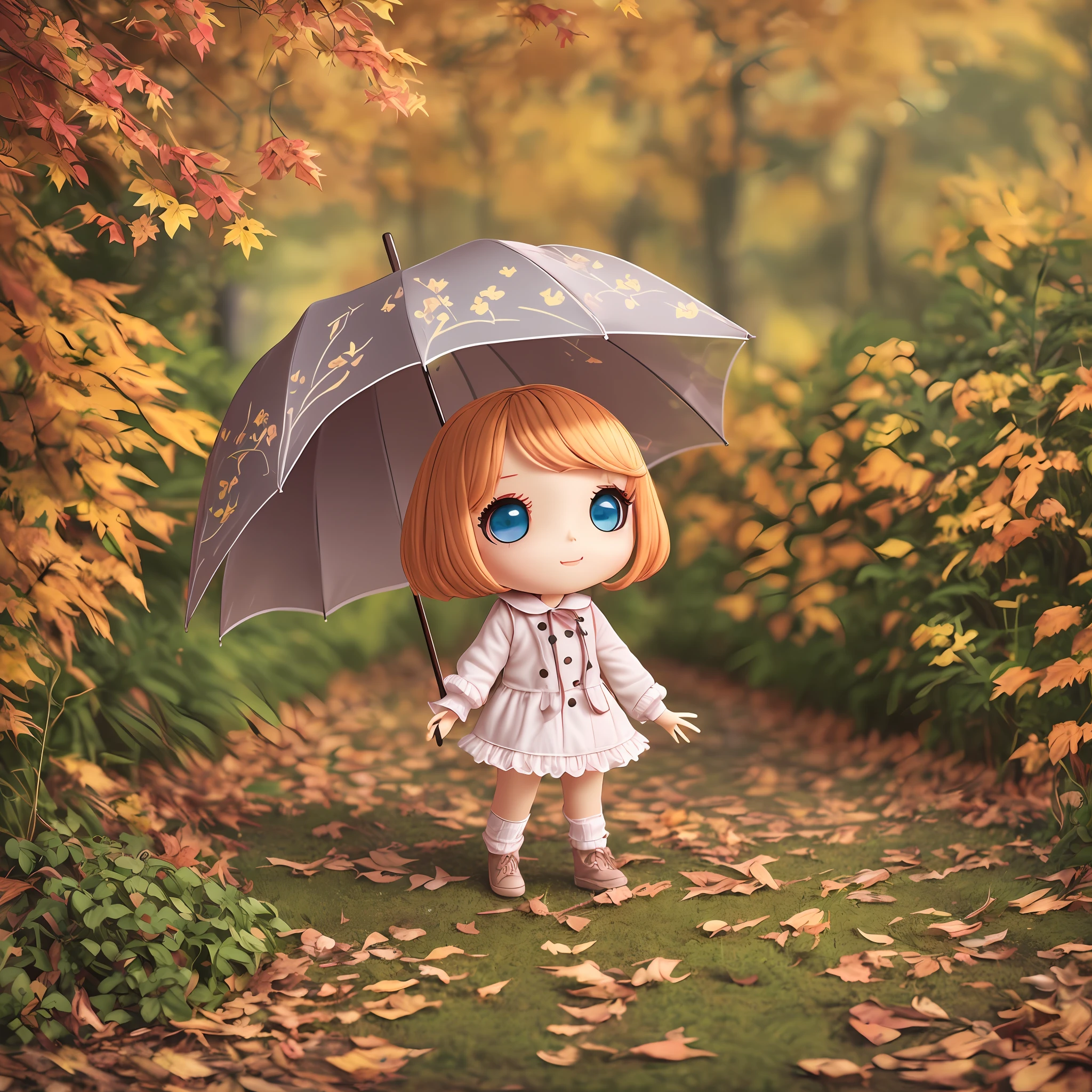 Uma personagem baby boneca girl, branca olhos castanhos, Chibi Style 3D HD well detailed autumn afternoon scenery in a garden with umbrella --V4 --auto --s2