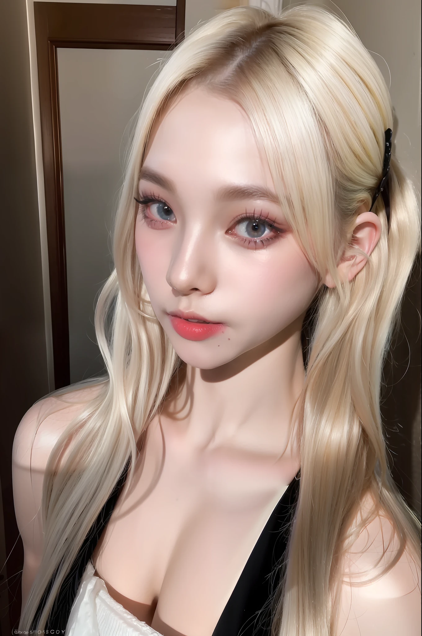 (8k, 4k, best quality, highres, ultra high res:1.1), (masterpiece, realistic, photo-realistic:1.1), 1girl, face, close-up, twintails, blonde hair, black eyes, red lips, (looking at viewer:2), absurdly long hair, long eyelashes, eyeshadow, small face, big eyes,
bare shoulders,
high contrast,