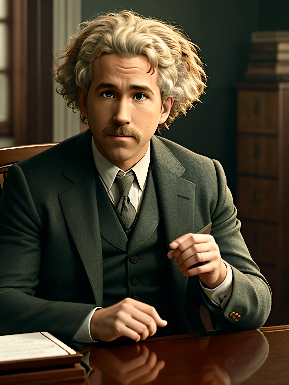Ryan Reynolds as Albert Einstein, realistic and photorealistic portrayal with perfect detail, showcasing the highest quality in a cinematic 8k masterpiece.