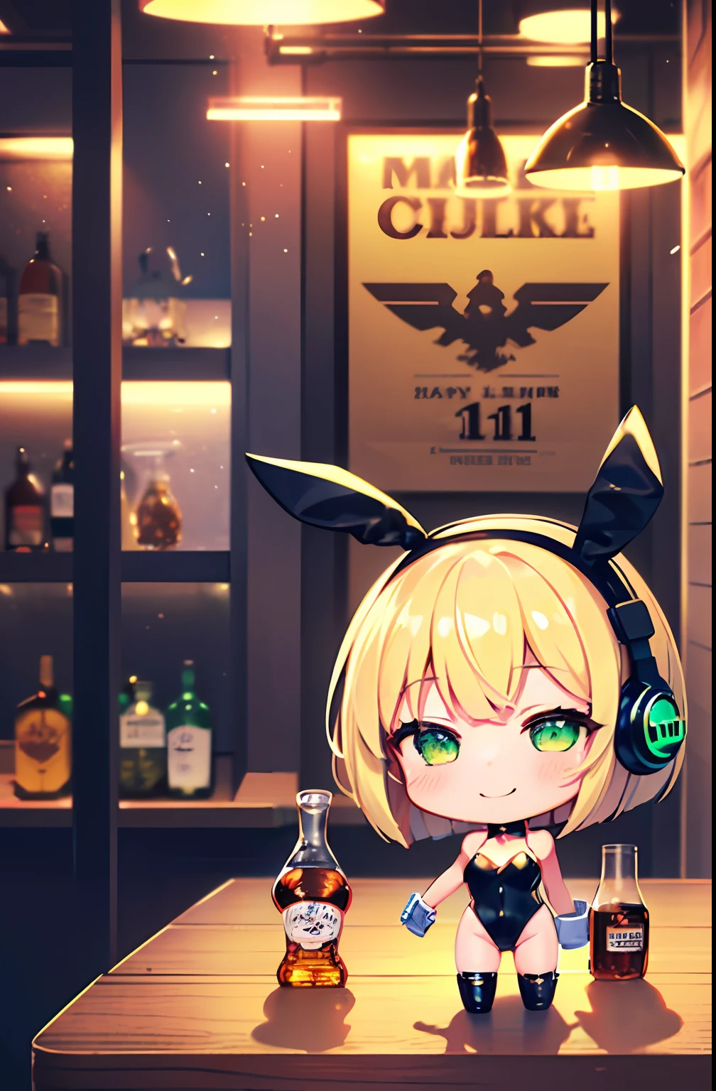 (Chibi:1.3), group_photo, (half closed eyes, green eyes), (detailed eyes), full body, indoors, on the table, Happy smile, (mechanical bunny girl: 1.1), (golden leotard), rabbit ears, rabbit tail, headphone, (blonde hair, bob cut), (cyberpunk), (bar), counter, wine, whiskey, bourbon, neon signboard, (Nendoroid),