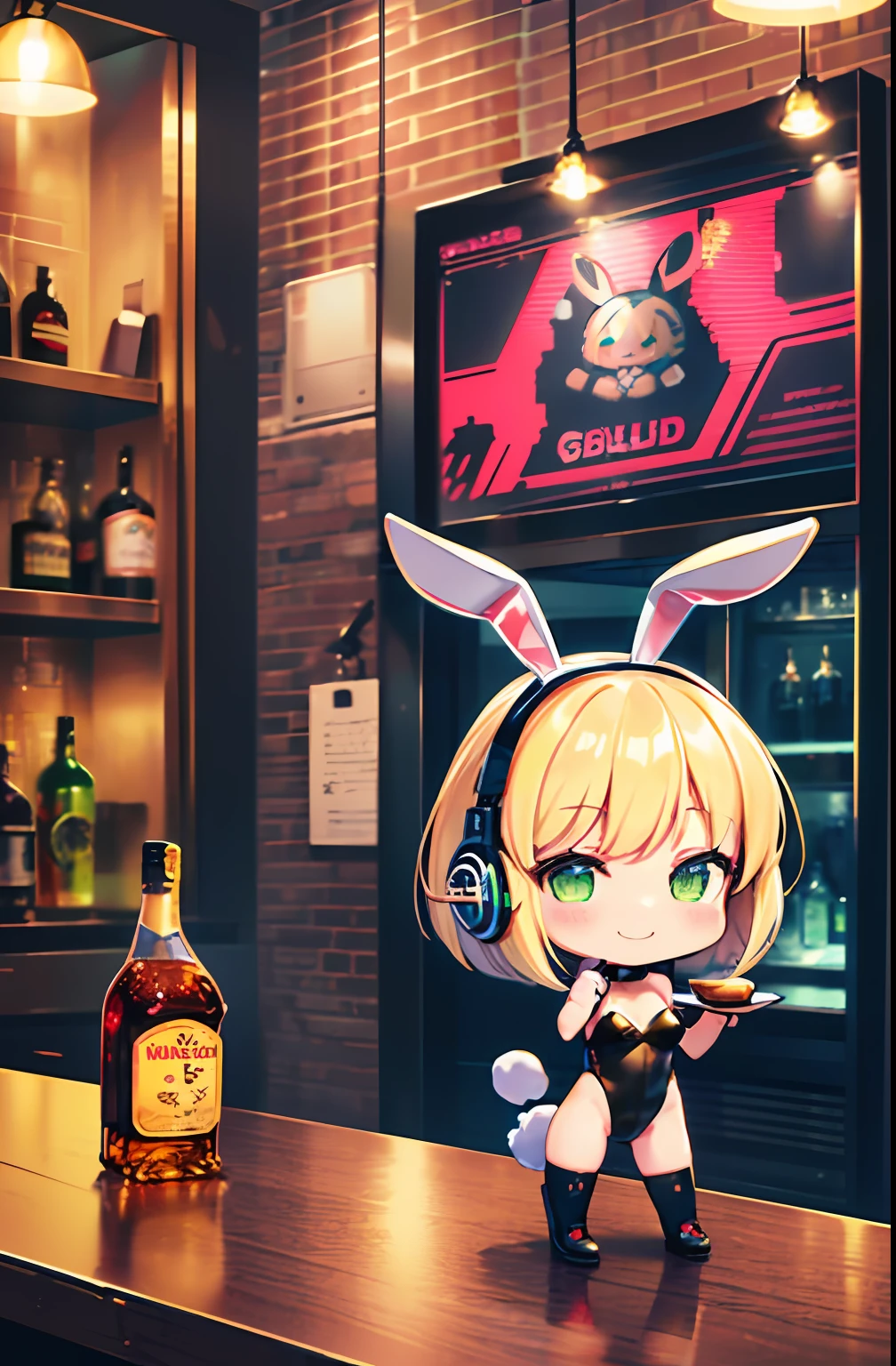 (Chibi:1.3), group_photo, (half closed eyes, green eyes), (detailed eyes), full body, indoors, on the table, Happy smile, (mechanical bunny girl: 1.1), (golden leotard), rabbit ears, rabbit tail, headphone, (blonde hair, bob cut), (cyberpunk), (bar), counter, wine, whiskey, bourbon, neon signboard, (Nendoroid),