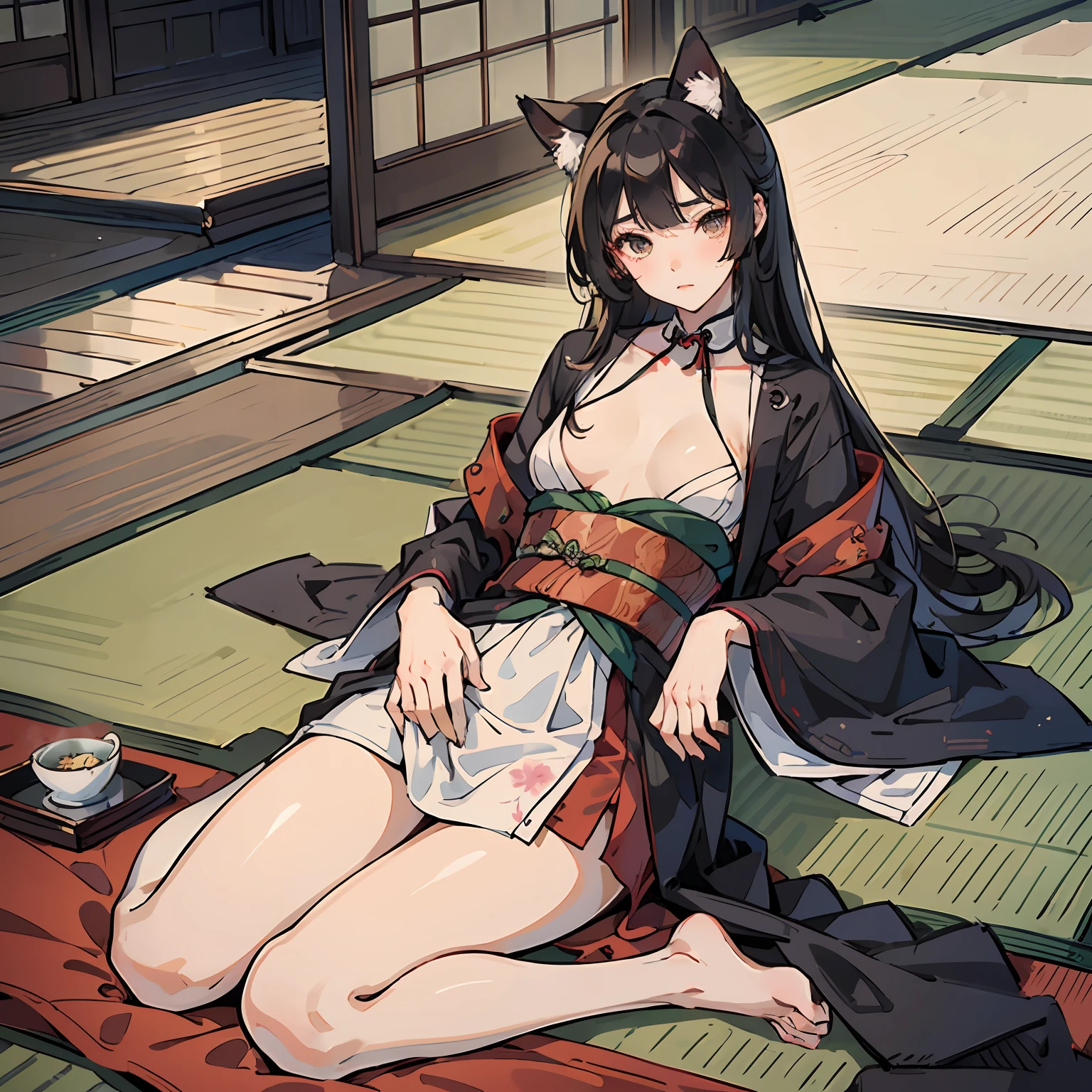 ((Master masterpiece)), ((Top image quality)), illustratio, The girls１Guys, Hair color, Bangs, Hairstyle Fax,Cat's ears、 slender、constricted hips、((beauty breast))、A dark-haired、Nobunaga's kimono of the magnificent Japan、Men's kimono、((Smaller chest))、A dark-haired、Japanese futon、Lying on your back on a futon、Wearing sweat、The chest is fluttering、looking at away、Portrait from the waist up、Glittering Japan tea house、Tatami mats、Sitting on tatami mats、traditional Japanese room、flower arrangement、 --auto