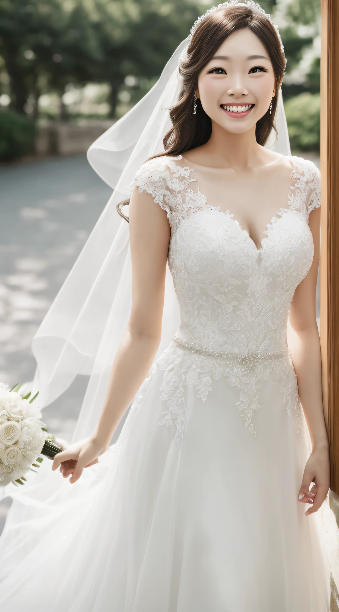 top-quality、one beautiful women、28 year old、a smile、Happy expression on face、White teeth、wedding dress、japanes、35mm lens、white backgrounid、chapel --auto