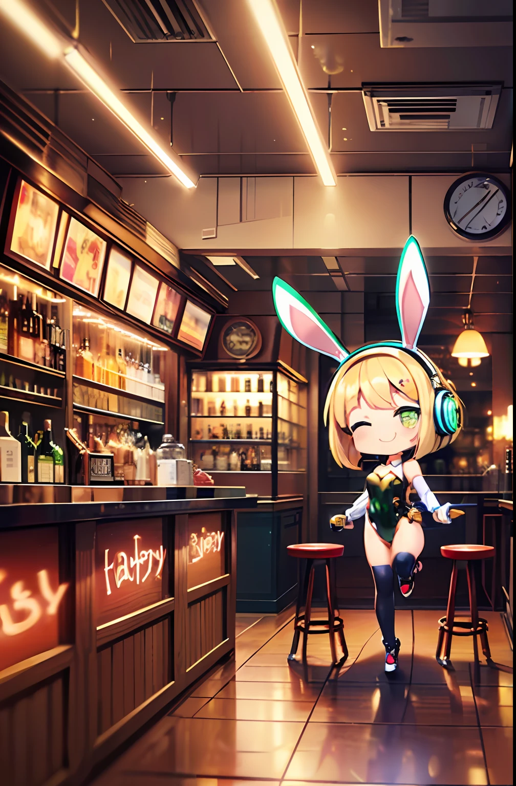 (Chibi:1.3), group_photo, (half closed eyes, green eyes), (detailed eyes), full body, indoors, on the table, Happy smile, (mechanical bunny girl: 1.1), (golden leotard), rabbit ears, rabbit tail, headphone, (blonde hair, bob cut), (cyberpunk), (bar), counter, wine, whiskey, bourbon, neon signboard, (Nendoroid),