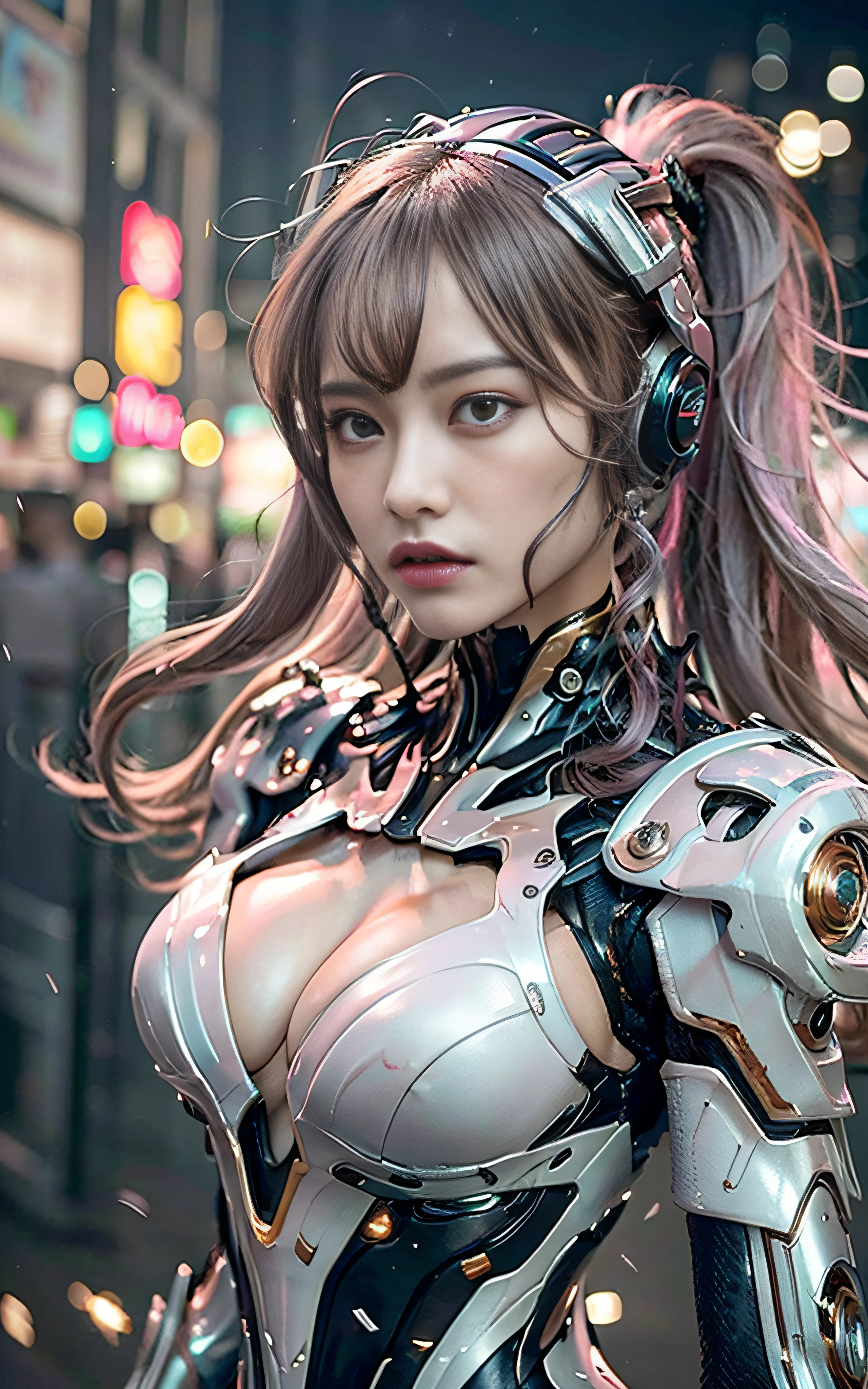 masterpiece, top-quality, hightquality, (the future:1.1), (Pink-ash colored cyberpunk suit), movie lights, (exquisite future), Beautiful and beautiful, ultra-detailliert, amazing composition, floating, depth of fields, (extremely details CG,Unity 8k壁纸), (beautiful detail background), beautiful hair details, dramatic lights, gogetta, mechs,Best Quality,超A high resolution,photoRealstic,tits out,cleavage of the breast,(Hair that flutters in the wind),((Angle from directly above)),(Angry look),(Fashion poses),((thunder)),(Very strong wind),(Hair fluttering in strong wind),Wet,