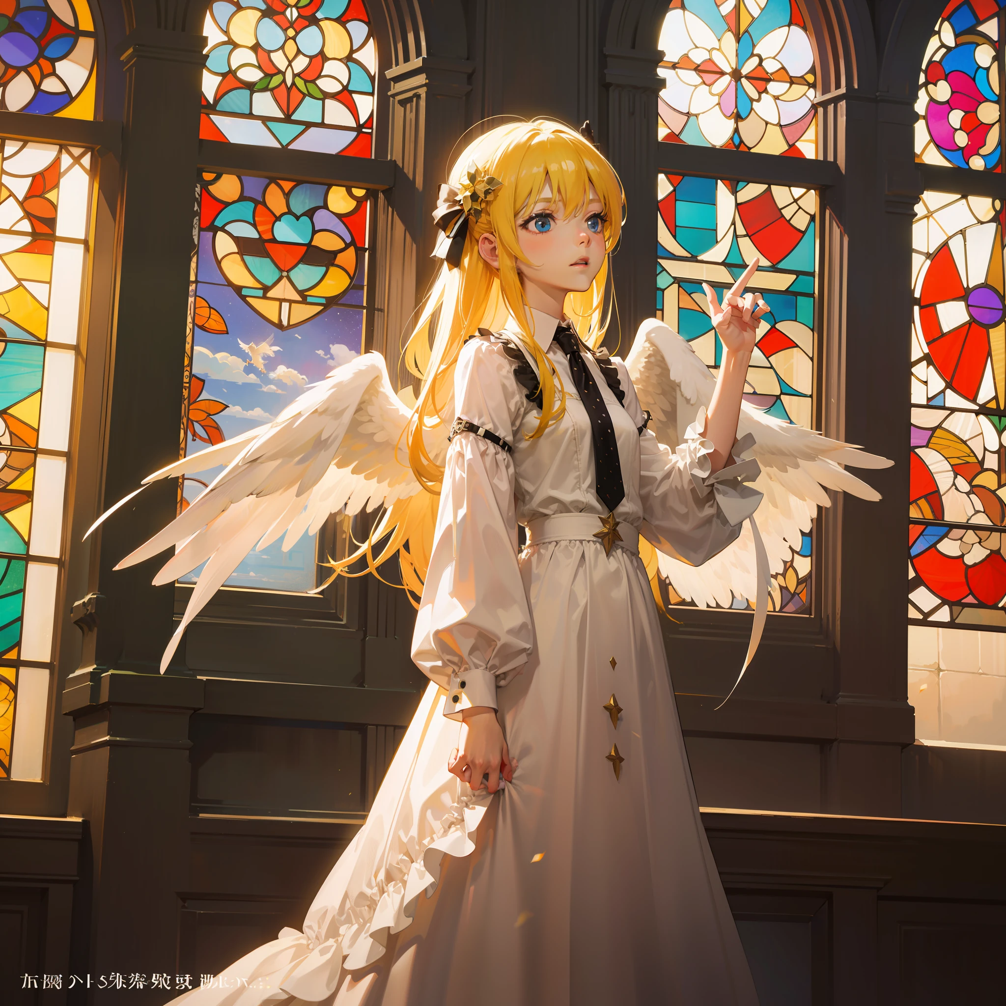 masterpiece、top-quality、Movie stills、one girls、descend、No shadow、、angelicales、Angel wings、befall、optic、Deities々in the light、Dazzlingly bright overall、Mystical、In the light of stained glass