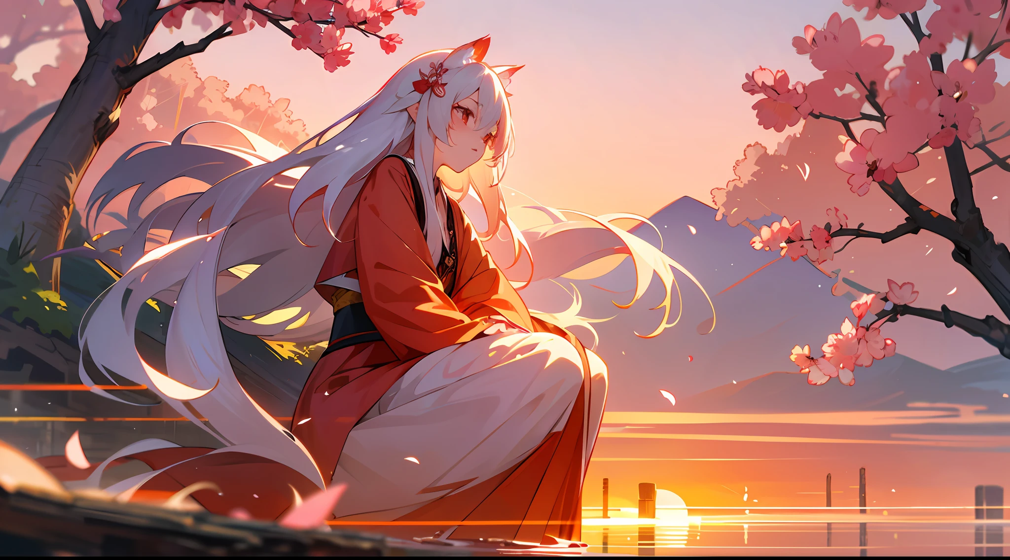 long  white hair，Red pupils，Nine-tailed fox fairy，Sister，Beautiful and moving，Hook the soul，Chu Chu pitiful，Charm，Under the peach blossom tree，lakeside，the sunset，8K,HD detailed images，Landscape orientation，PC Wallpapers。 --auto