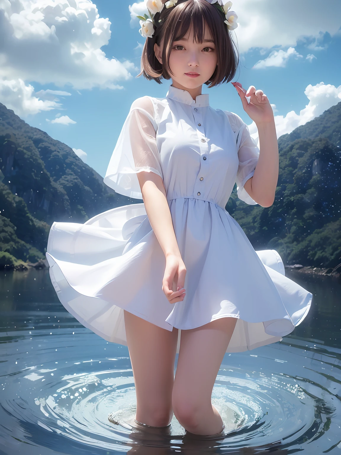 (dynamicposes:1.4), (dynamic ungle:1.4), Romper (细致背景:1.4)、hyper detailed background、(Floating light blue clouds:1.4)、(Floating blue flowers:1.4)、 Romper (perfect anatomia、perfect hand:1.4)、(Perfect five fingers:1.4)、(Perfect 4 long fingers and perfect short thumb:1.4)、(Thumb shorter than the other 4 fingers:1.4)、(Perfect two arms:1.4)、(Perfect two legs:1.4)、((top-quality、8K、masterpiece:1.3))、1girl in、A smile、full body Esbian、Slim Faces、Pretty women、(dark brown hair)、hyperdetailed face、A detailed eye、二重まぶた、blured background、Slim Faces、Cute、extremely delicate and beautiful girl、Happy smiling face、Overall、masutepiece、small mouth、Colossal tits、bob cuts,long boots,ultra-detailliert, 4K, masutepiece,Smile,small mouth,white shirt、low angles、over-size shirt、Oversized T-shirt、独奏、