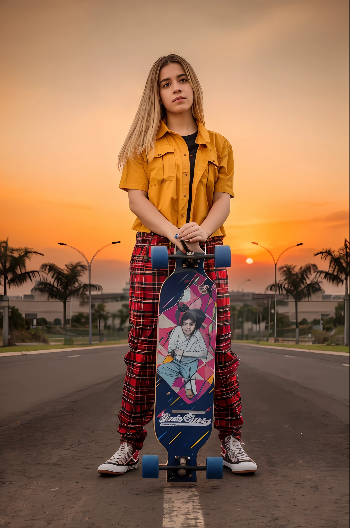Woman standing on a street holding a skateboard, Retrato no meio da foto, potrait de corpo inteiro segurando garrafa, skate, retrato de corpo inteiro, with sunset, estilo skatista, female marty mcfly, Cyril Rolando e Goro Fujita, retrato de corpo inteiro, foto de retrato de corpo inteiro, estilo realismo, realismo artstyle, arte do skate, foto do produto punk solar