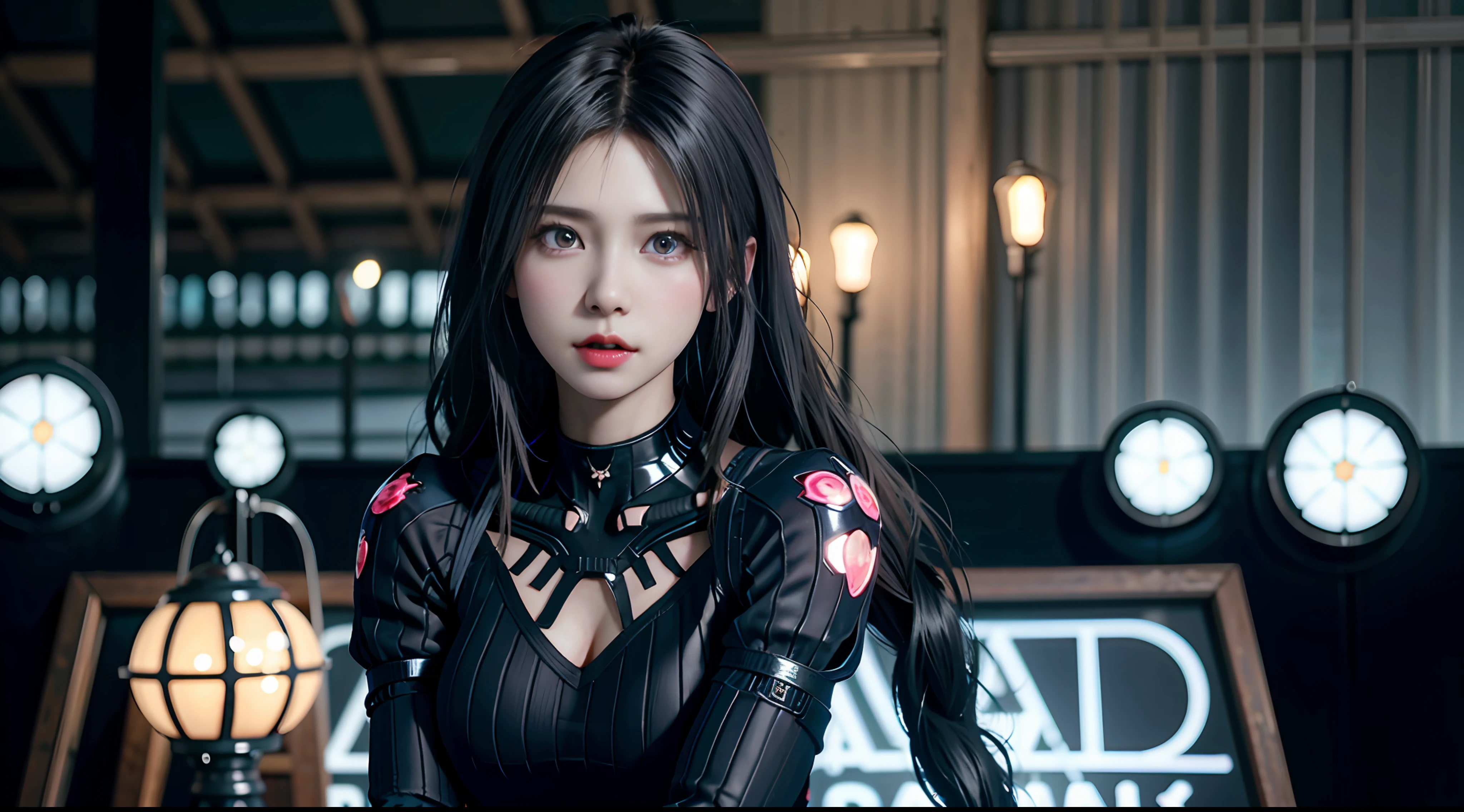 (8K, RAW photo, best quality, masterpiece: 1.2), (realistic, photorealistic: 1.37), (Kpop idol), (aegyo sal: 1), cute, professional lighting, photon mapping, radiosity, physics-based Rendering, Cosplay, Lucy (Cyberpunk), Bobcat, Mechanical Parts, Gray Eyes, Black Tight Suit, Cyberpunk City Black Pants, Night, Neon Lights, Sexy, Smoke, Looking at Viewer, 8K High Definition, 8K, CG Wallpaper , realistic background, clear background, medium breasts, full body