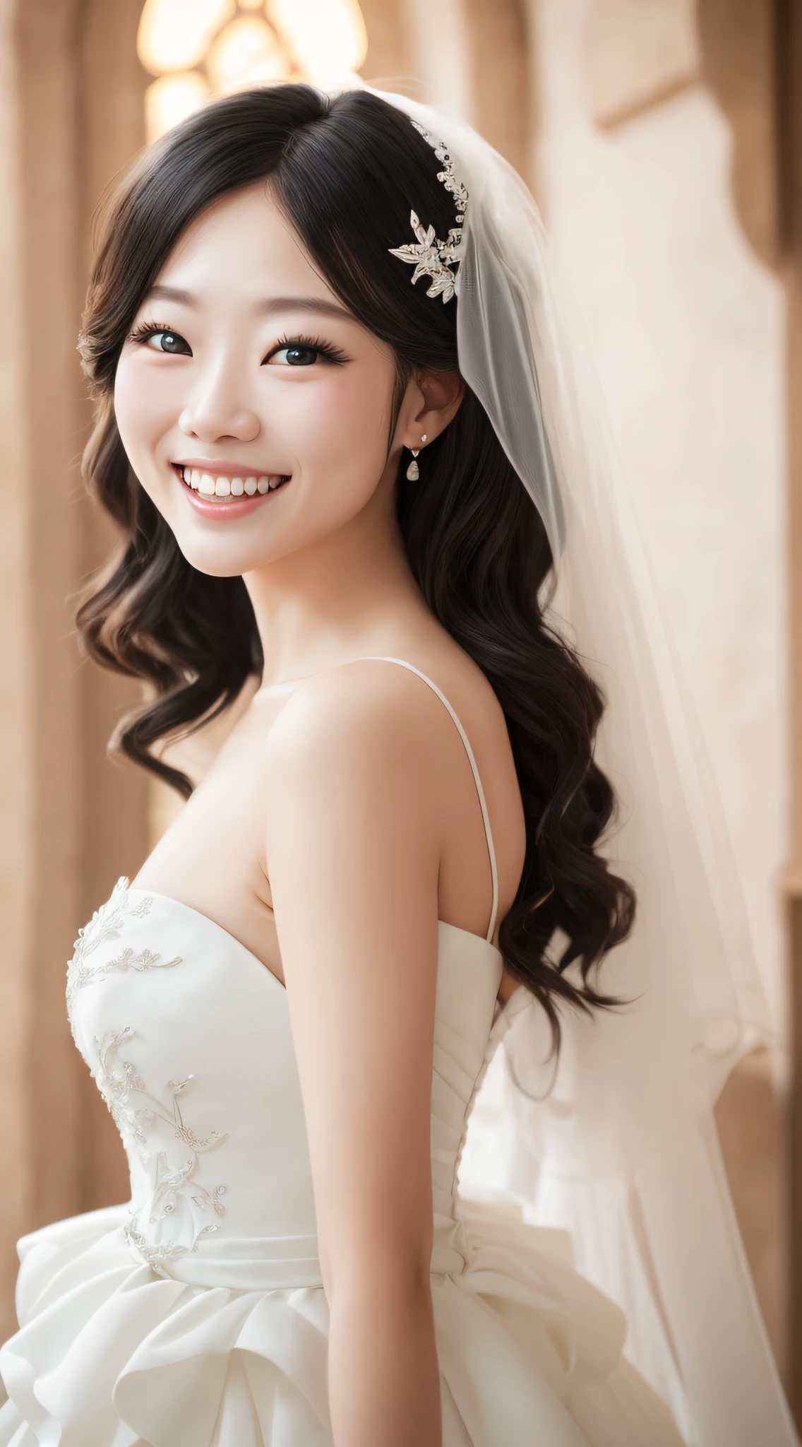 top-quality、one beautiful women、28 year old、a smile、Happy expression on face、White teeth、wedding dress、japanes、35mm lens、white backgrounid、chapel --auto