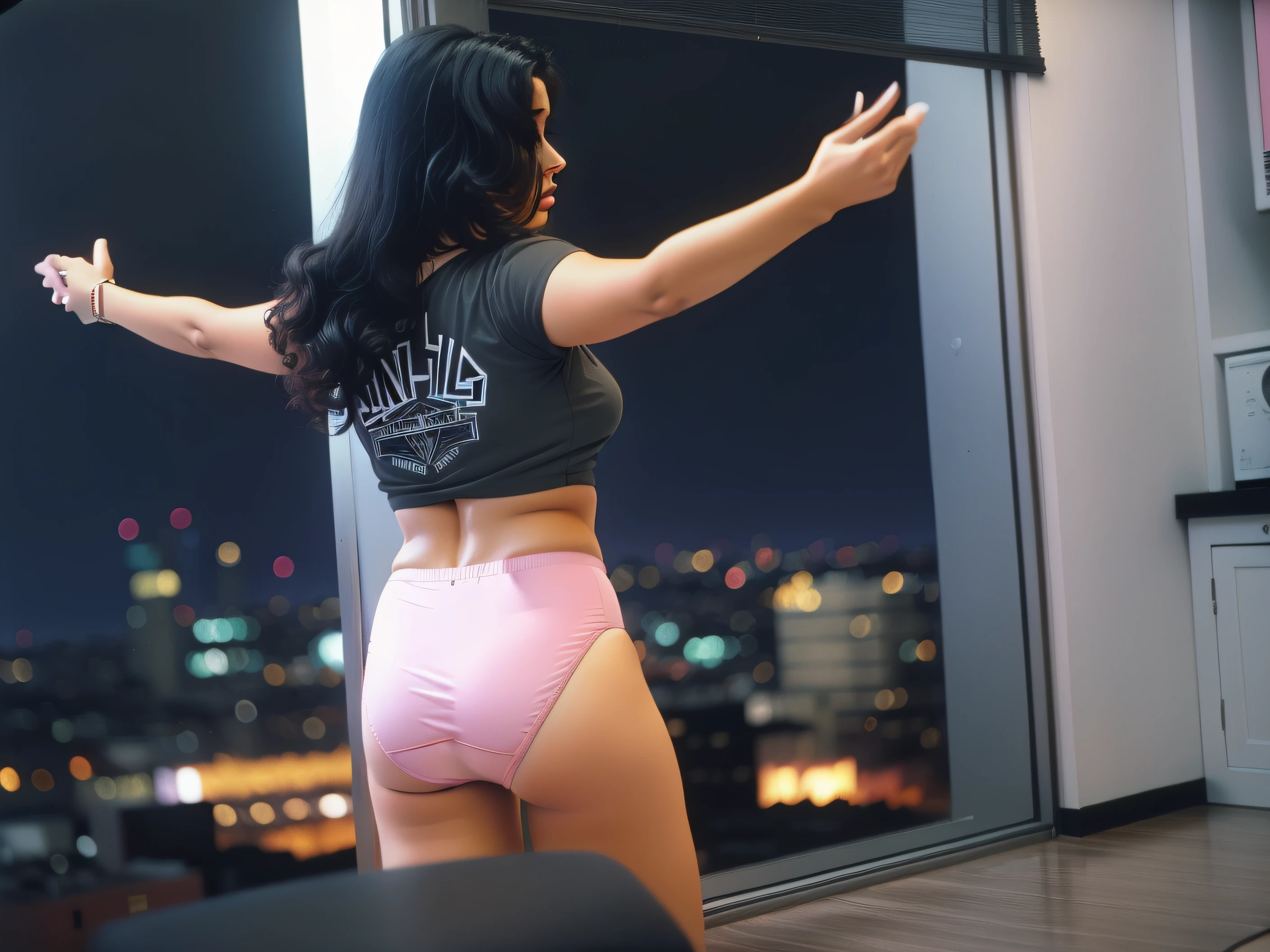 ((masterpiece, best quality)), Curvy Latina in black band logo shirt and pink cotton panties, in apartment overlooking the city, shot in the 1980's, grainy VHS, 1980's movie style,