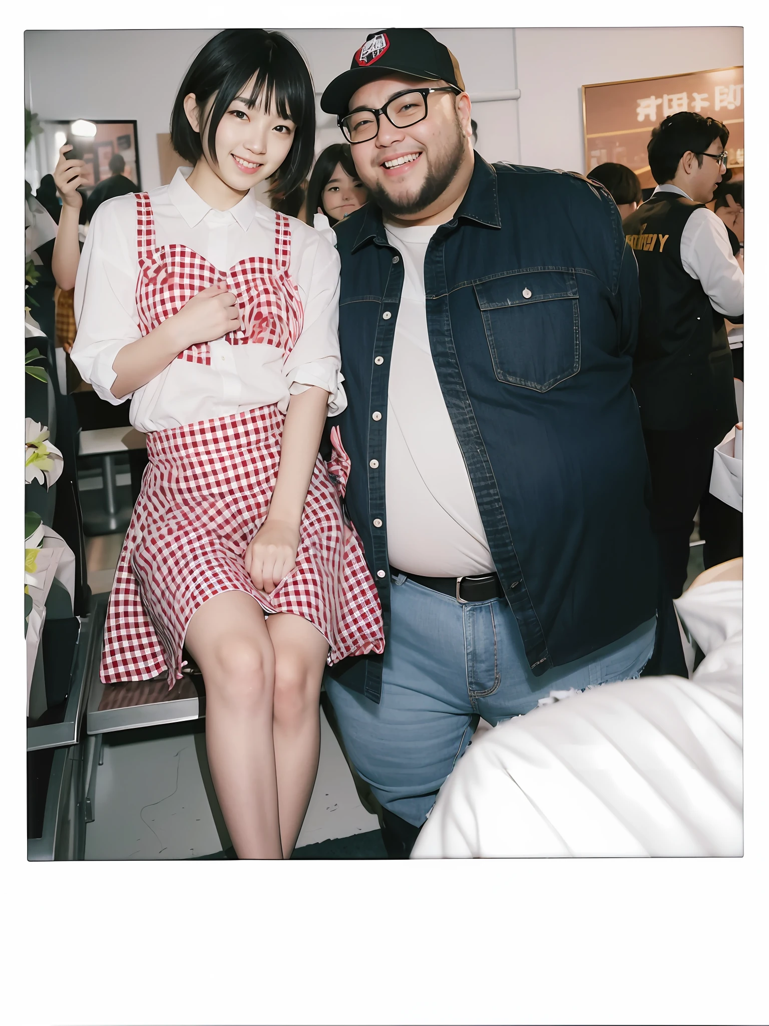 Fat man in his 30s wearing flannel shirt and jeans、Fat man wearing glasses、huge smile