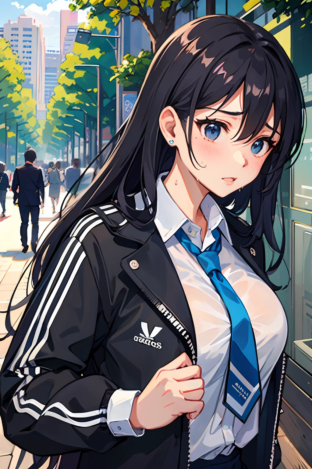 long black straight hair girl, addidas jacket with blue stripes, wearing blue tie, sweat, at the park, blushing, big breast, sensitive emotions