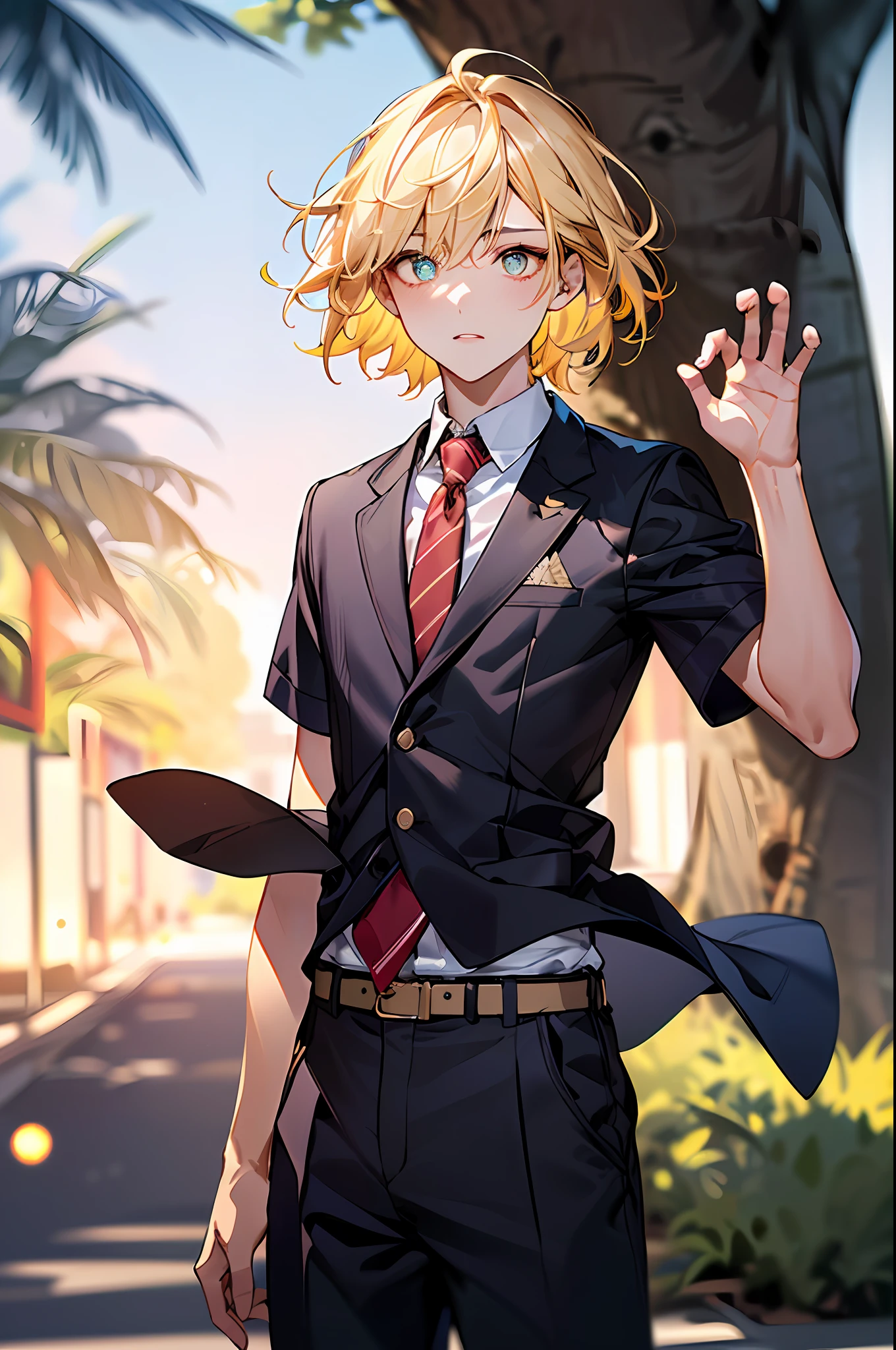 （best qualtiy，8K，tmasterpiece），Best light，Best shadow，电影灯光，（realskin）Ray traching，Reflective skin，Digital illustration，Game CG characters，(Body edge lighting，Colored light sources are around)，There is wind blowing hair，Looking into the distance，(1boys，14岁，junior school student，pupils，short detailed hair，Yellow-colored hair，），（Eye 1：2，Clear eyes，Elaborate Eyes，Delicate pupils，good eyes，eye detailed），Face focus，best qualtiy，detail in face，(on the campus，Stand behind a tree，Capture），（in school uniform，Student clothes），(Student clothes），depth of fields，Background bokeh
