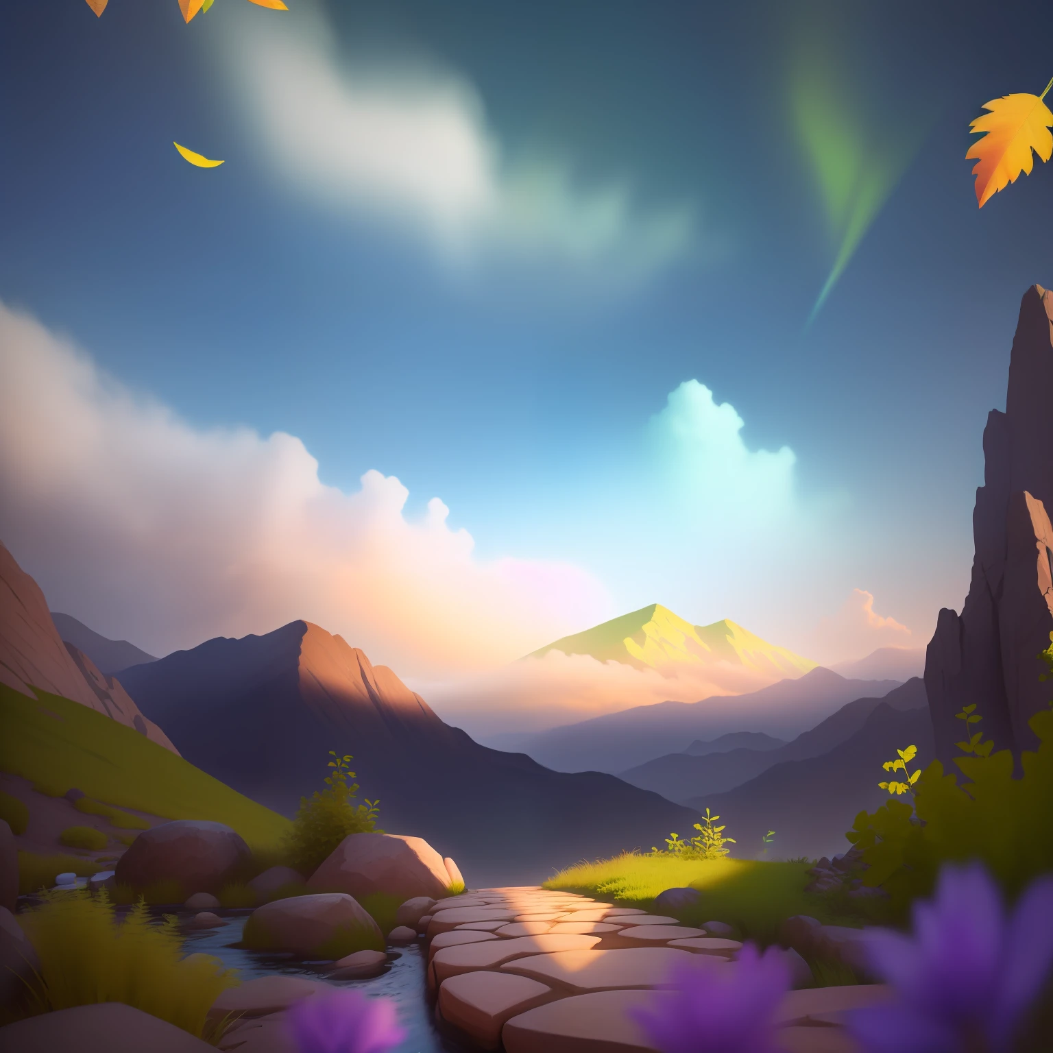 Colorful landscape with bright green plants and brown stones. With very high detail. Clear image