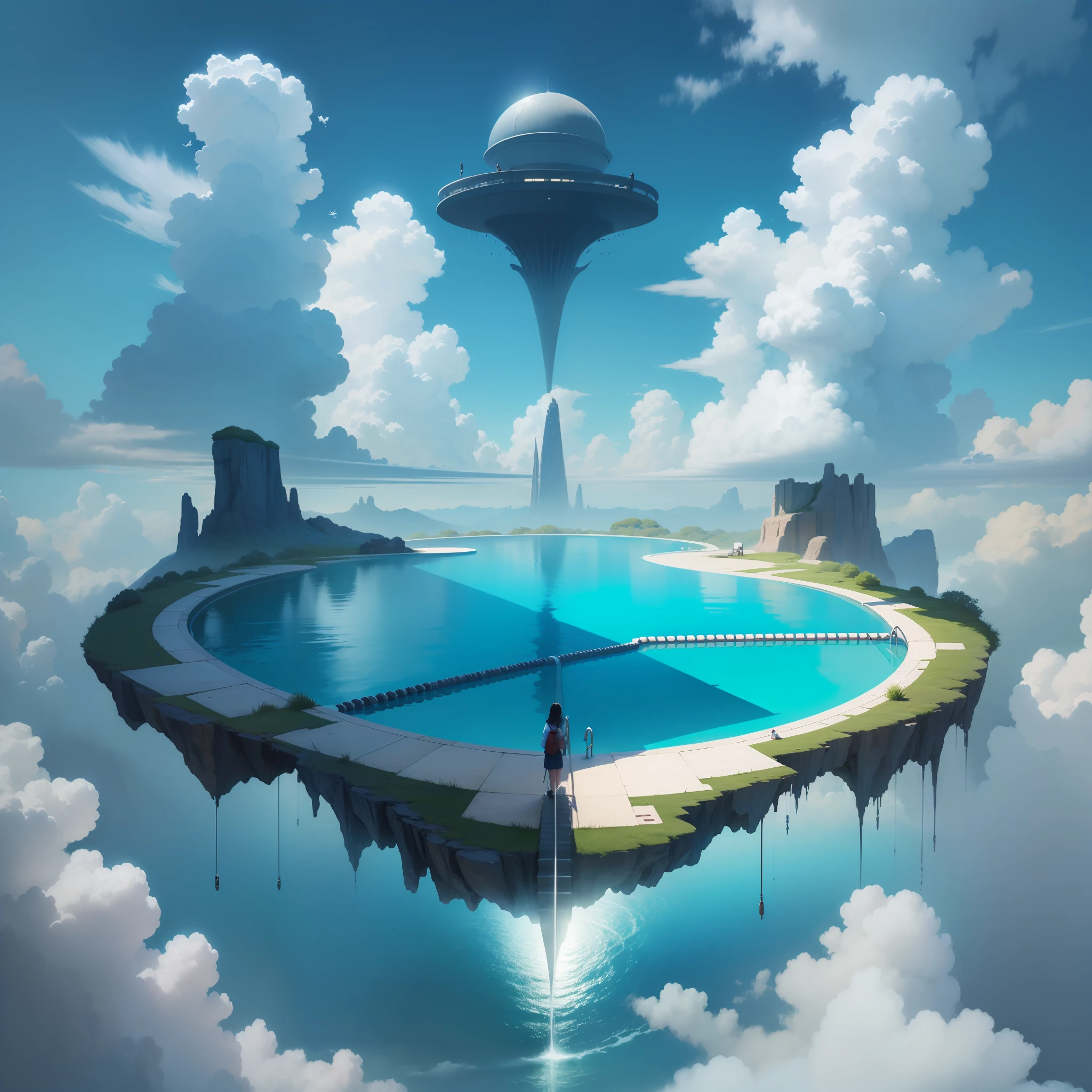 Pool in the sky、A giant pool in a beautiful sci-fi world、Amazing illustrations in the highest quality and ultra high resolution。