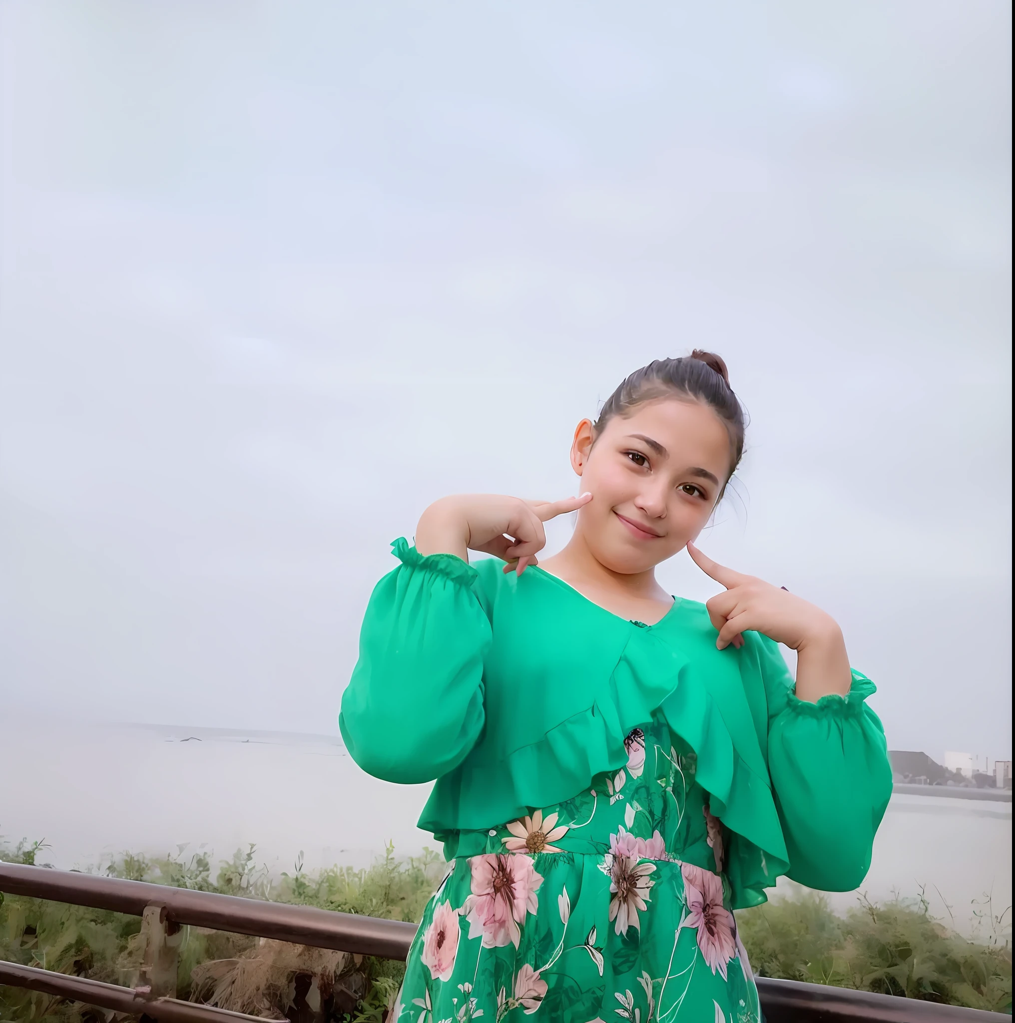 there is a young girl posing for a picture in a green dress, very very low quality picture, candid picture, with lovely look, with a beautifull smile, with kind face, very beautiful girl, photo taken with canon 5d, candid photo, she is about 1 , friedly smile, old picture, low quality photograph