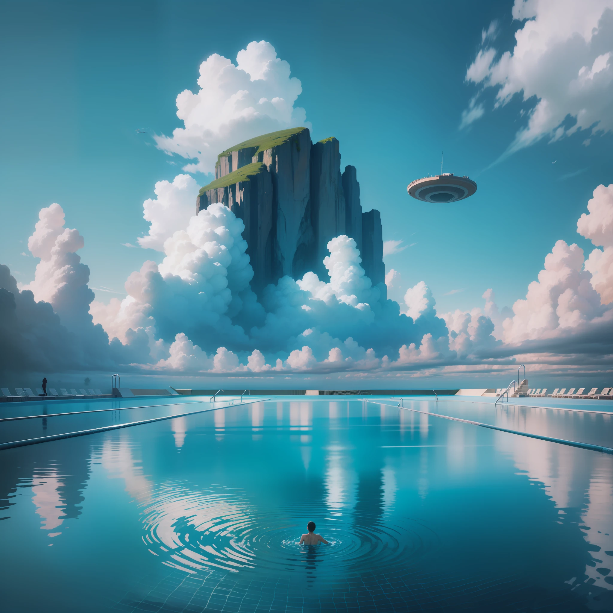 Pool in the sky、A giant pool in a beautiful sci-fi world、Amazing illustrations in the highest quality and ultra high resolution。