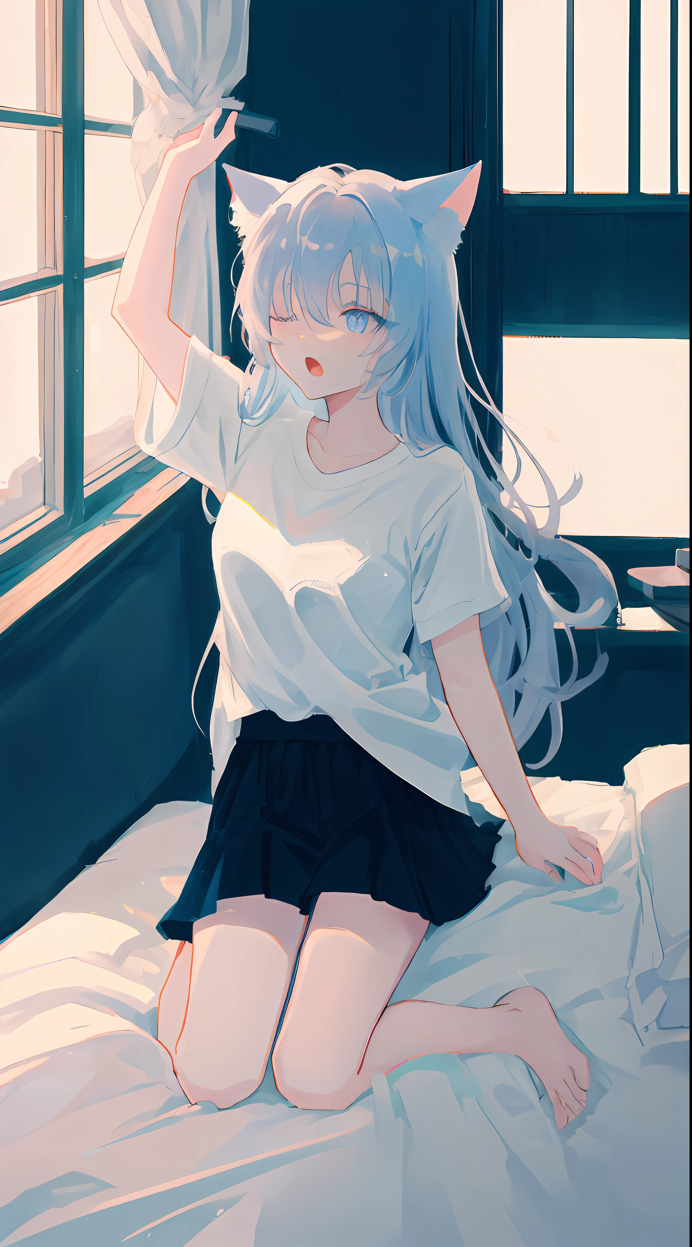 masutepiece,Best Quality,ultra-detailliert,Two hands,Two legs,Five fingers,best faces,1 girl,Light blue long hair,timid,Cat ears,pale blue eyes, Height 145cm,small tits,Big shirt,yawning being, Stretch your body,Close one eye,Teary-eyed, Be on the bed,Light coming in through the window,Being in the room