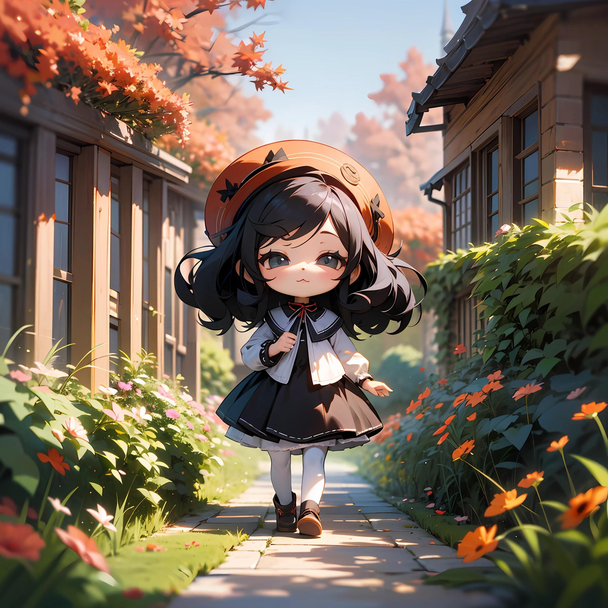 Uma personagem baby boneca girl, branca olhos castanhos, Curly Black Hair Chibi Style 3D HD well detailed autumn afternoon scenery in a garden fashionable clothing --V4 --auto --s2