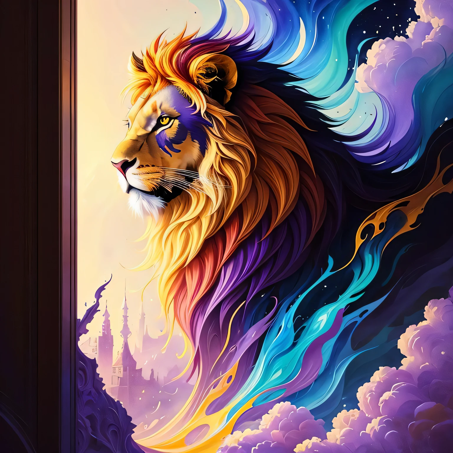 extremely stressed anime lion, drinking coffee in a building on fire in the background, masterful playing card border, random Colorful art, oil painting, blue yellow colors, light purple and violet additions, light red additions, intricate detail, splash screen, 8k resolution, masterpiece, artstation digital painting smooth veryBlack ink flow: 8k resolution photorealistic masterpiece: intricately detailed fluid gouache painting: by Jean Baptiste Mongue: calligraphy: acrylic: watercolor art, professional photography, natural lighting, volumetric lighting maximalist photoillustration: by marton bobzert:, complex, elegant, expansive, fantastical,  vibrant