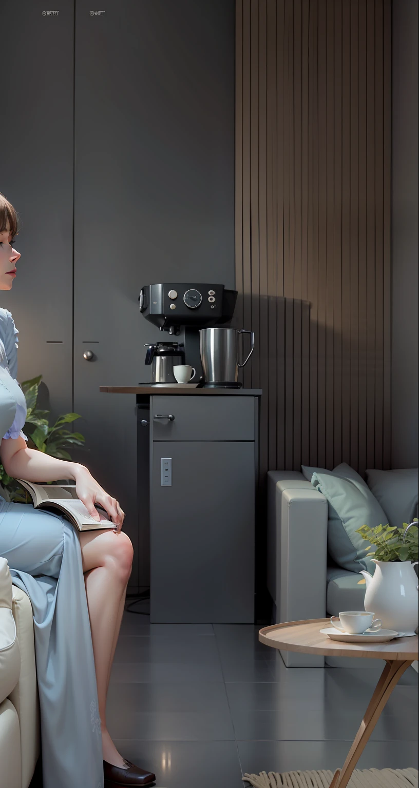(Realistic photography style 8K)A lady sits elegantly on the sofa reading a book,Cup of tea in hand,Coffee table next to it,Greenery,Low overall saturation,Product tea bar machine --auto