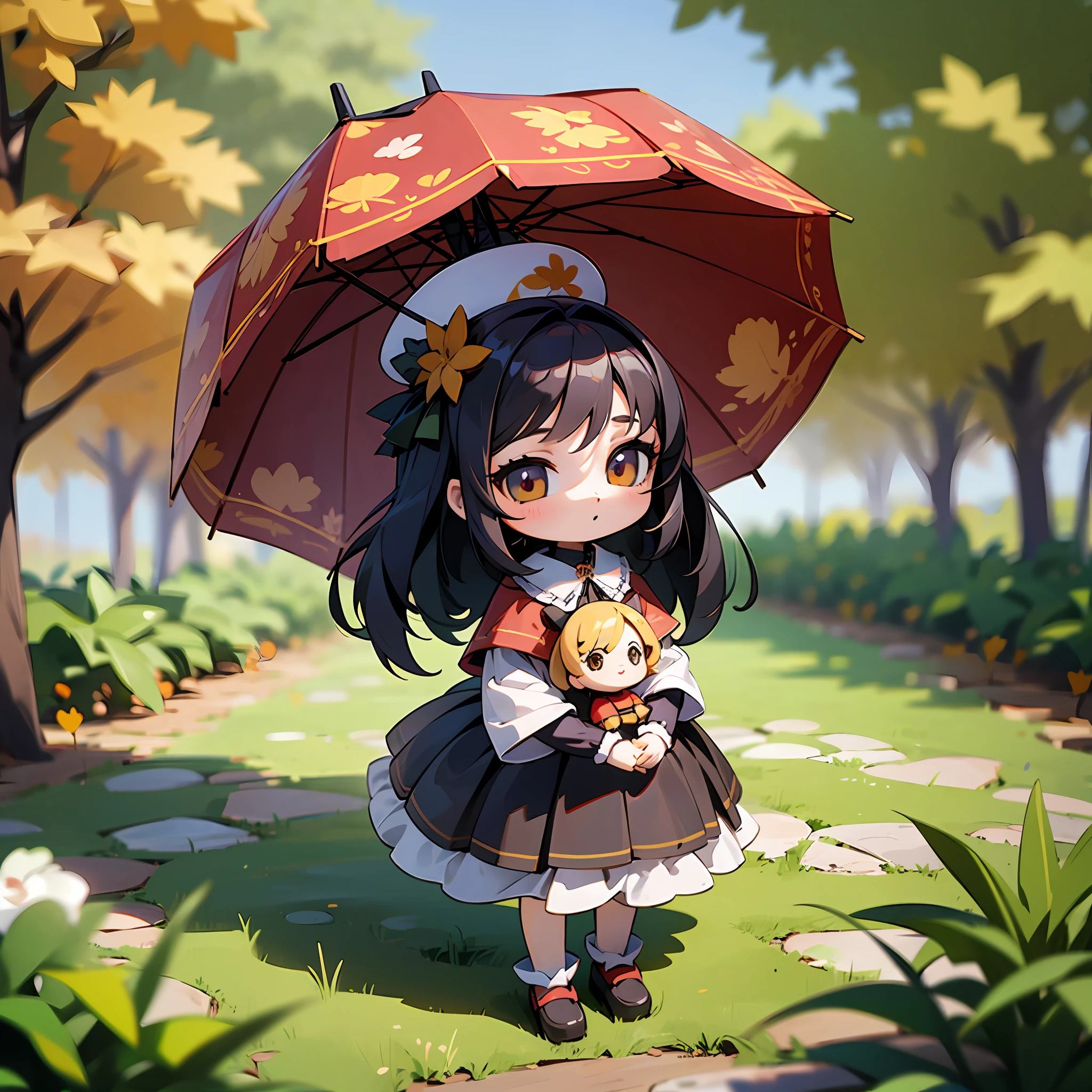 Uma personagem baby boneca girl, branca olhos castanhos, Black hair Chibi Style 3D HD well detailed autumn afternoon scenery in a garden with umbrella --V4 --auto --s2