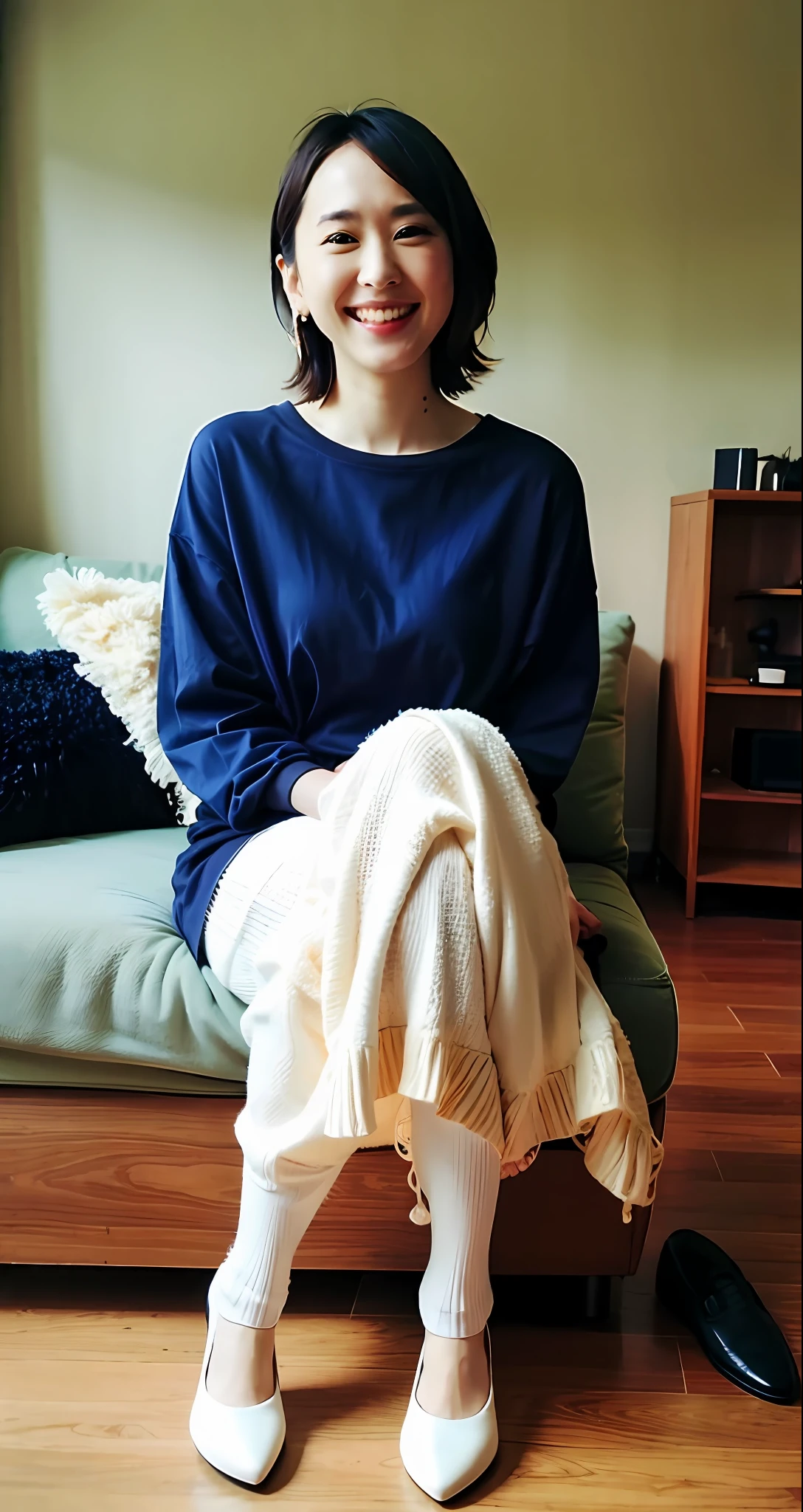 best qualtiy, tmasterpiece, 超高分辨率, (realisticlying:1.4), RAW photogr, 1girl, beautiful japanese woman,35yo,Femme and moving, Beautiful skins, brunette color hair:1.7, gakki, (short detailed hair:1.5)), 30 age old, Happy laughter:1.2, Housewear ,blackstockings,Sit Pose,toyko
