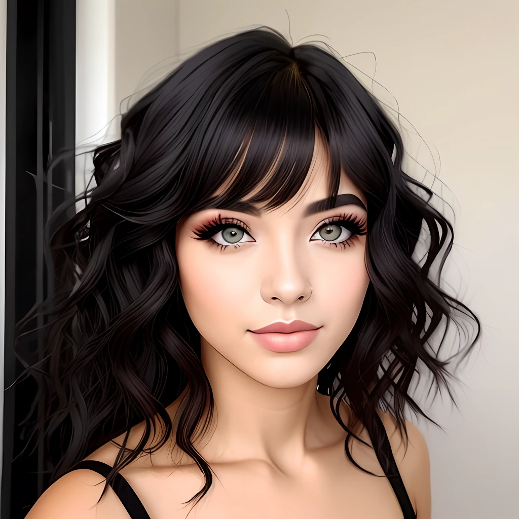 Make a beautiful girl with black wavy hair, branca com uma cicatriz a cima da boca, olhos pretos nariz meio puxado