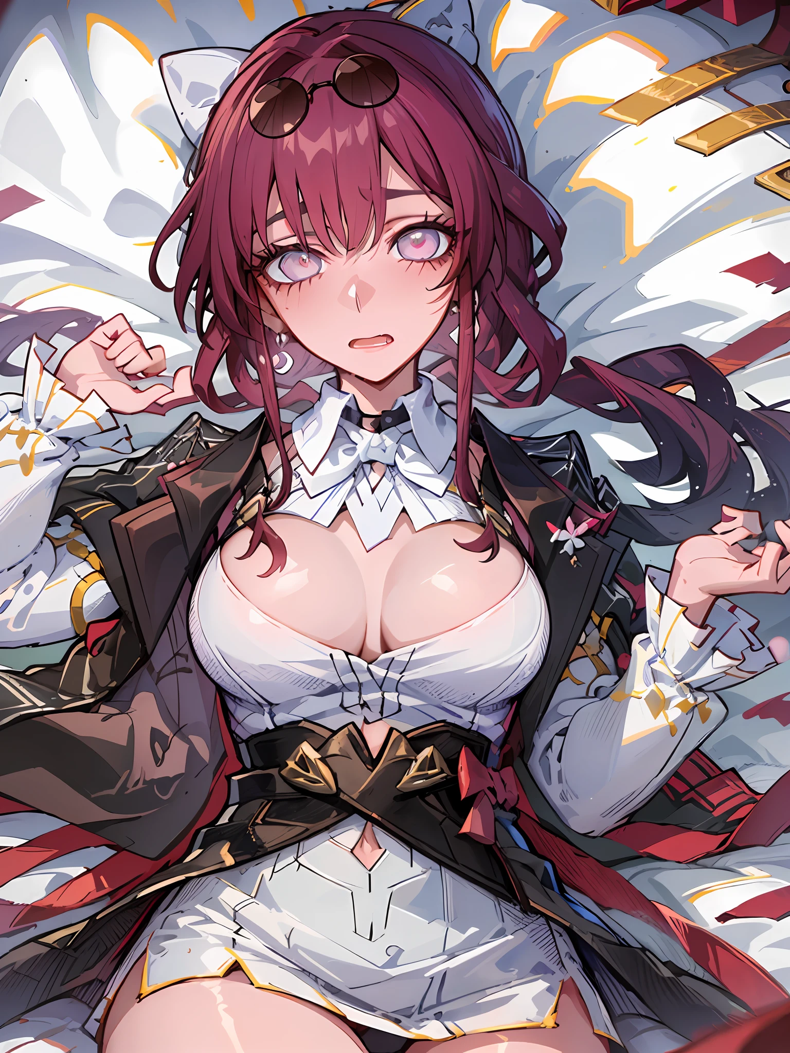 ((masterpiece,best quality)), highres, 1girl, Kafka, love in eyes, bow hairpins, blushing, shyness, drooling, rolling eyes, white bow tie, maid outfit, long sleeves, miniskirt, exposed panties, hands raised above the head, lying on bed, big breasts, leg rings, white liquid, binding, single