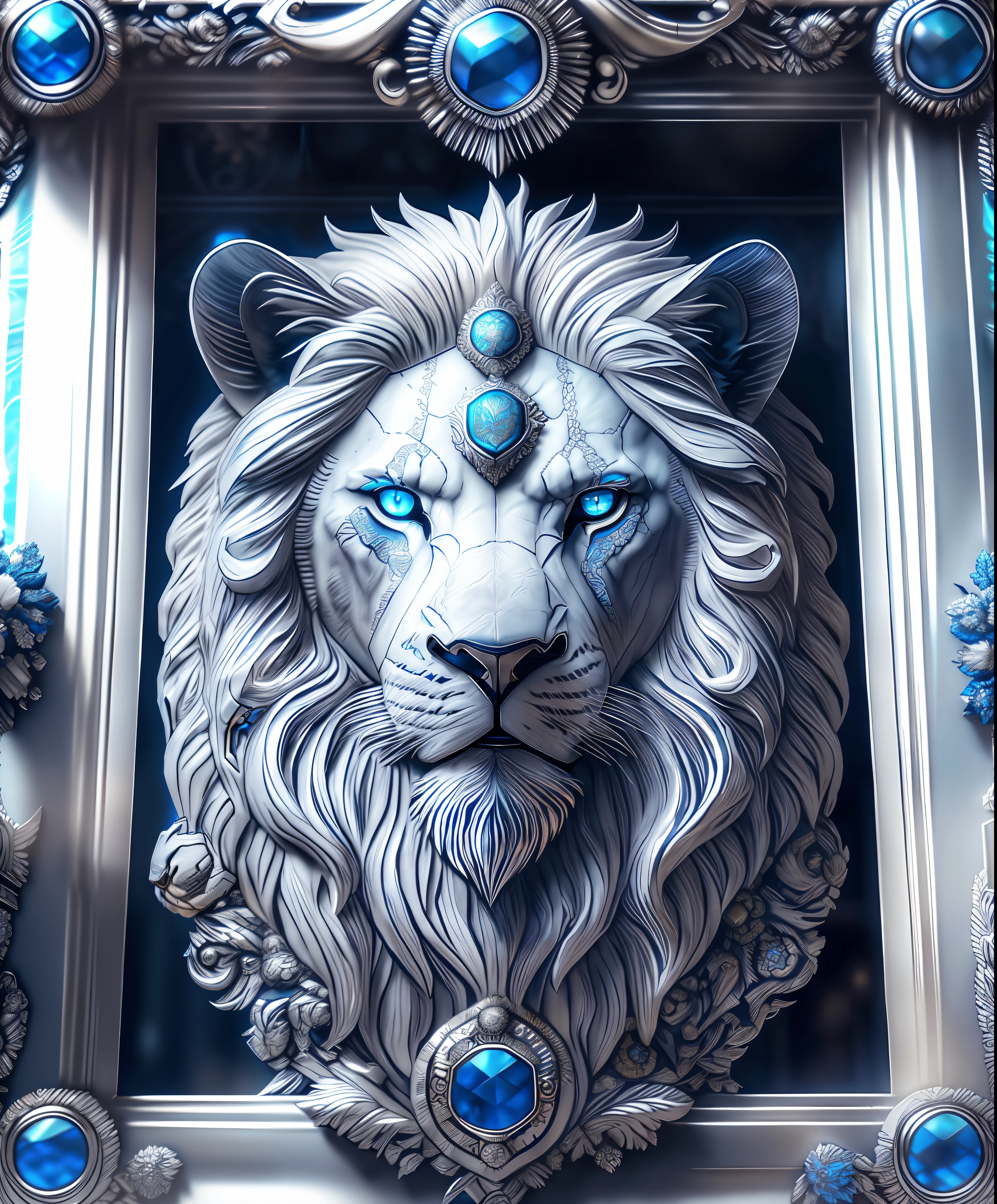 Lion, blue eyes, ornate frame, regal, majestic, mane, fur, well groomed, intricate carvings, patterns